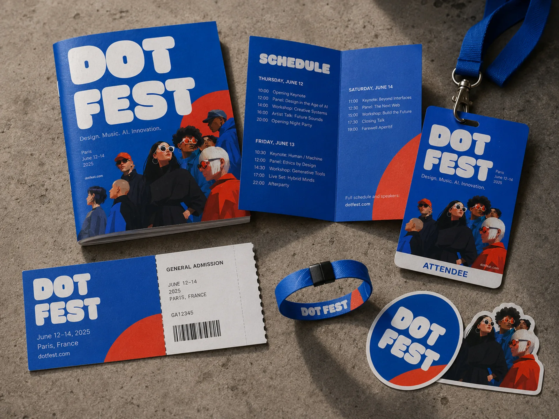 Dot Fest — Dot Fest attendee kit with folded program, ticket, wristband, sticker, pin, and badge