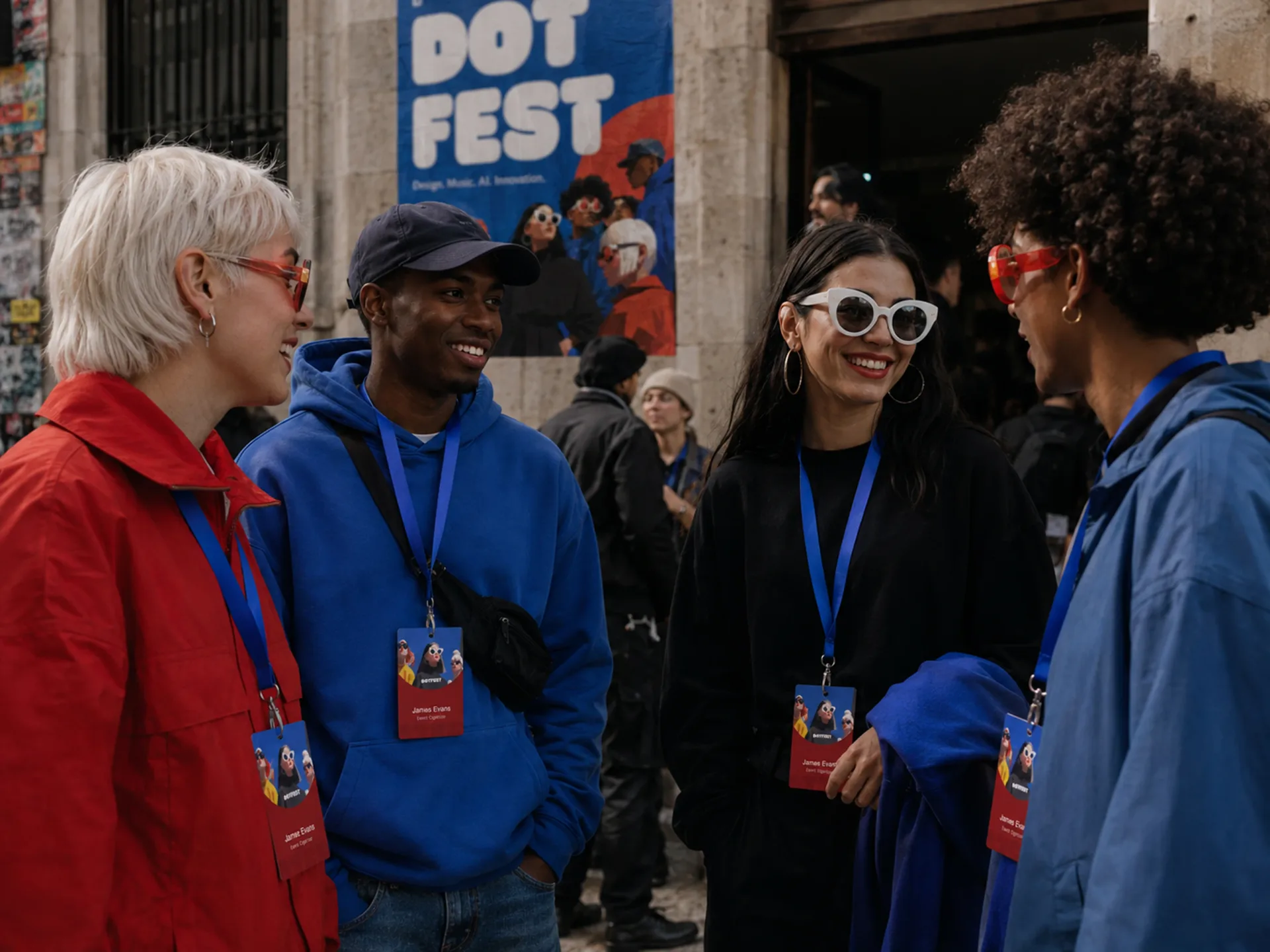 Dot Fest — Dot Fest attendees wearing badges and talking outside a Paris venue with a festival poster behind them