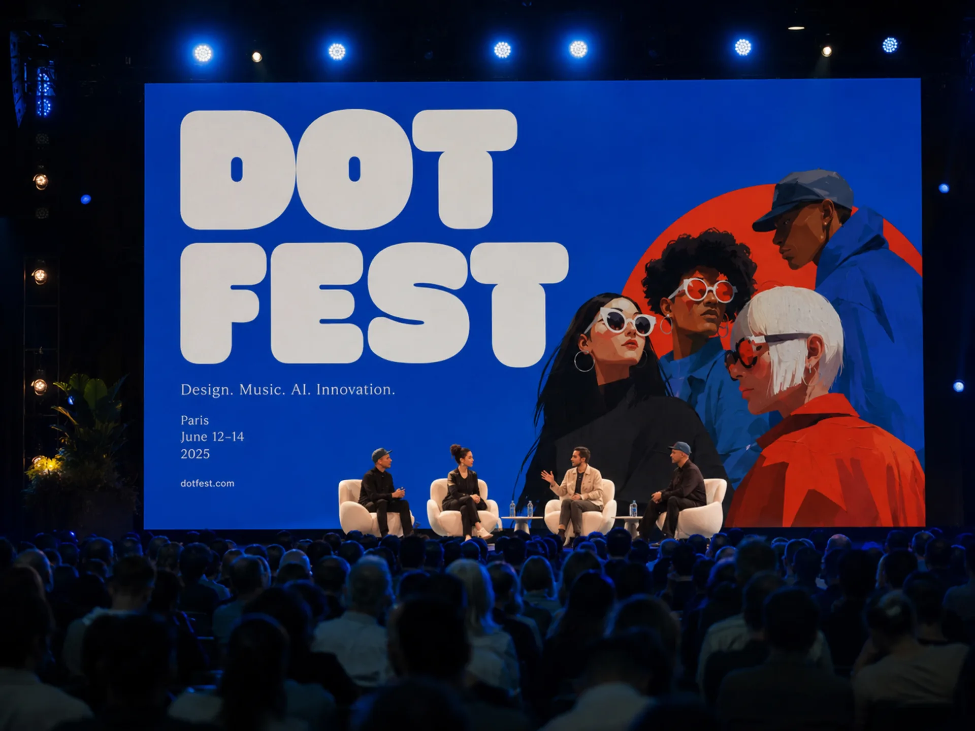Dot Fest — Dot Fest main stage with large blue festival graphics behind panel speakers and an audience