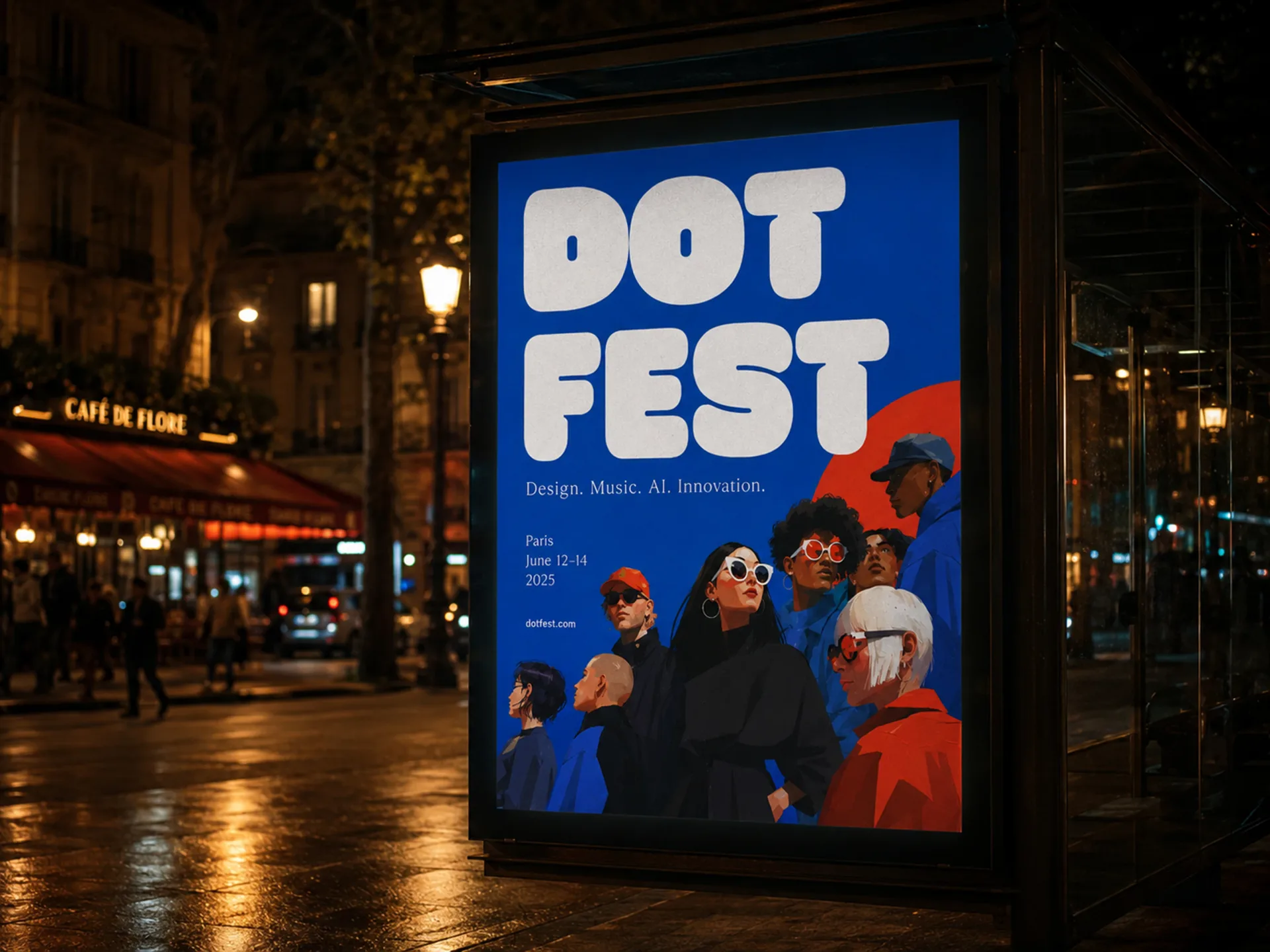 Dot Fest — Dot Fest illuminated poster kiosk on a rainy Paris street at night