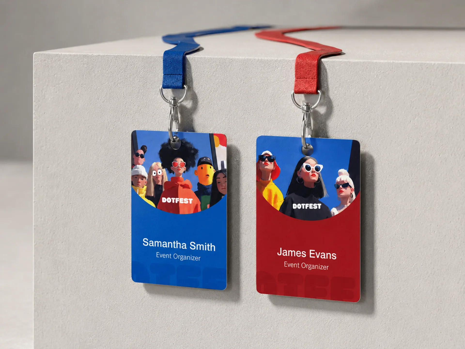 Dot Fest — Dot Fest staff badges with blue and red lanyards on a neutral wall
