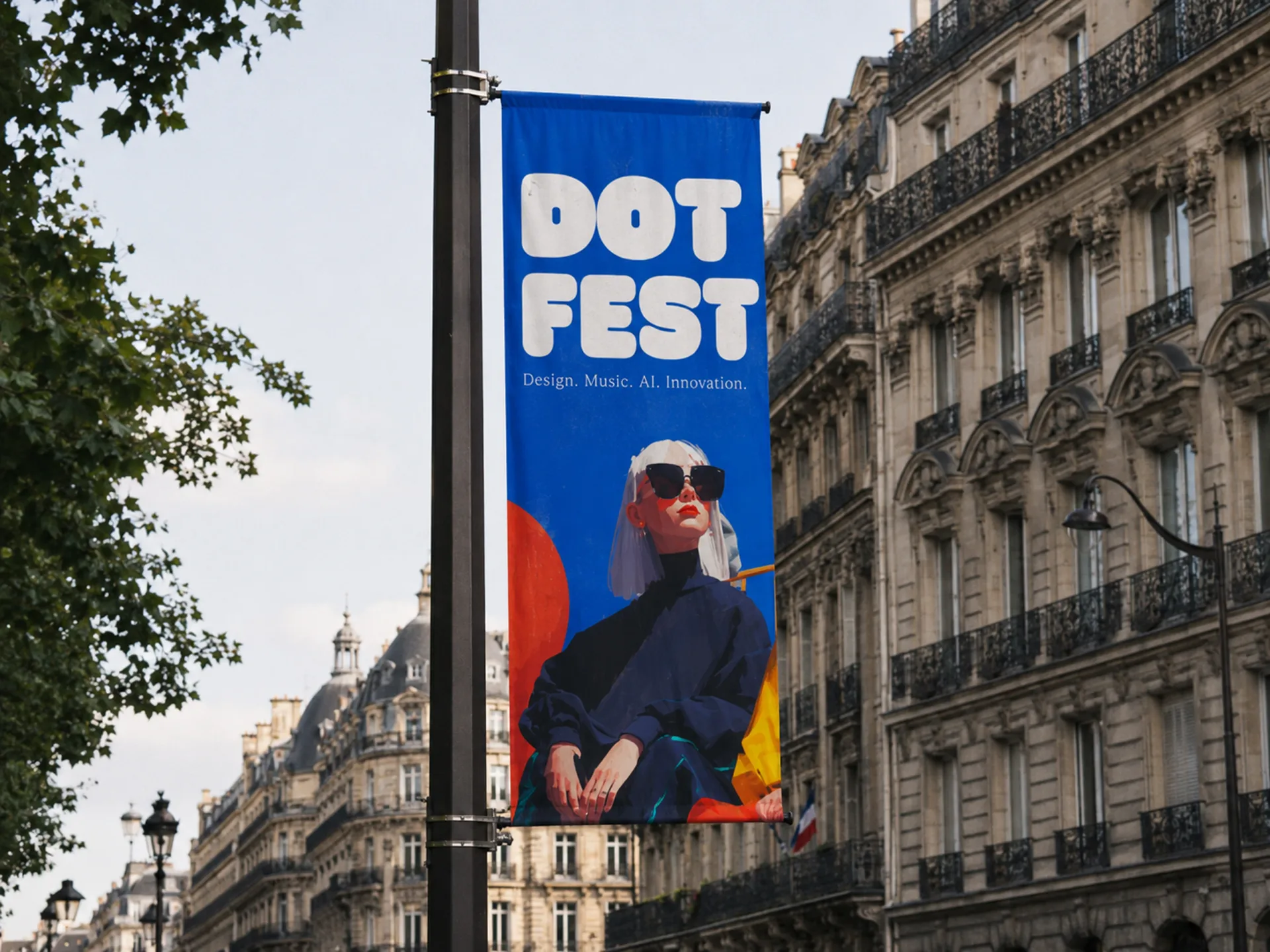 Dot Fest — Dot Fest blue street banner hanging above a Paris avenue