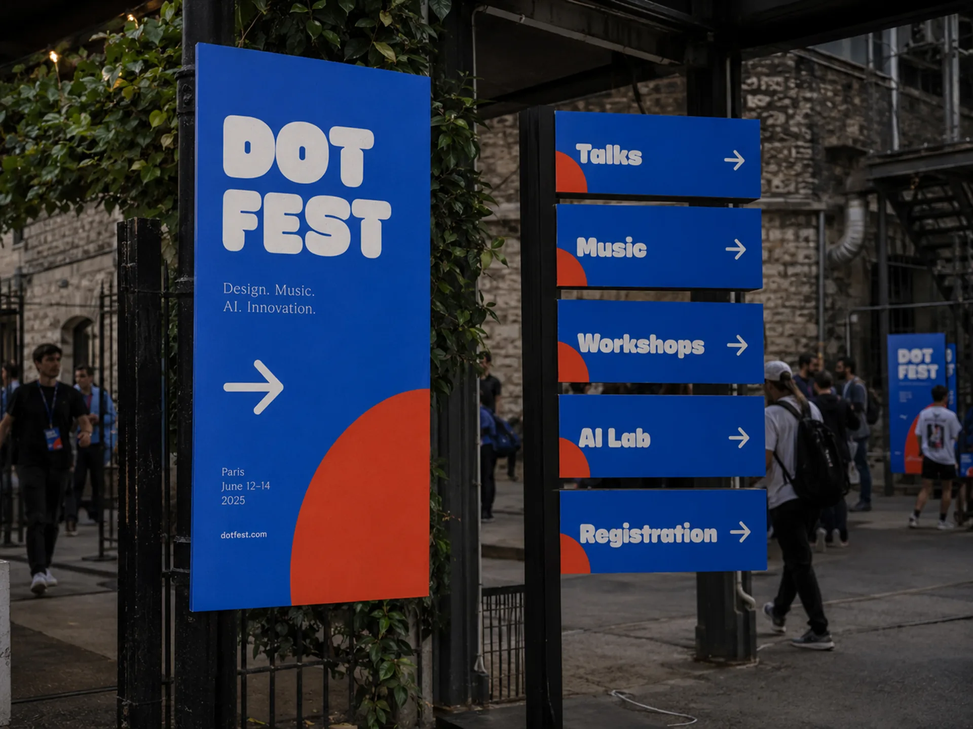 Dot Fest — Dot Fest wayfinding signs in Paris pointing to talks, music, workshops, AI labs, and registration