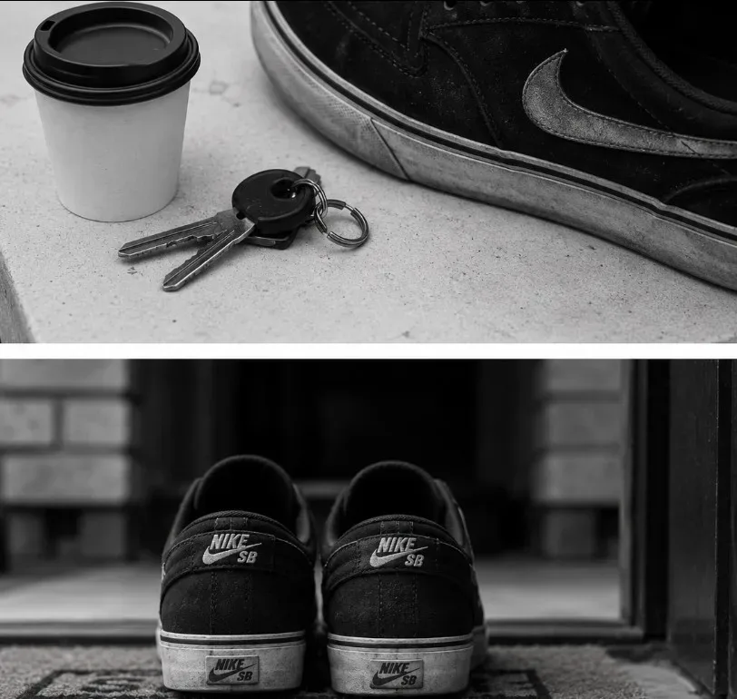 For Daily Use — Coffee, keys, and worn Nike SB shoes shown as everyday carry details