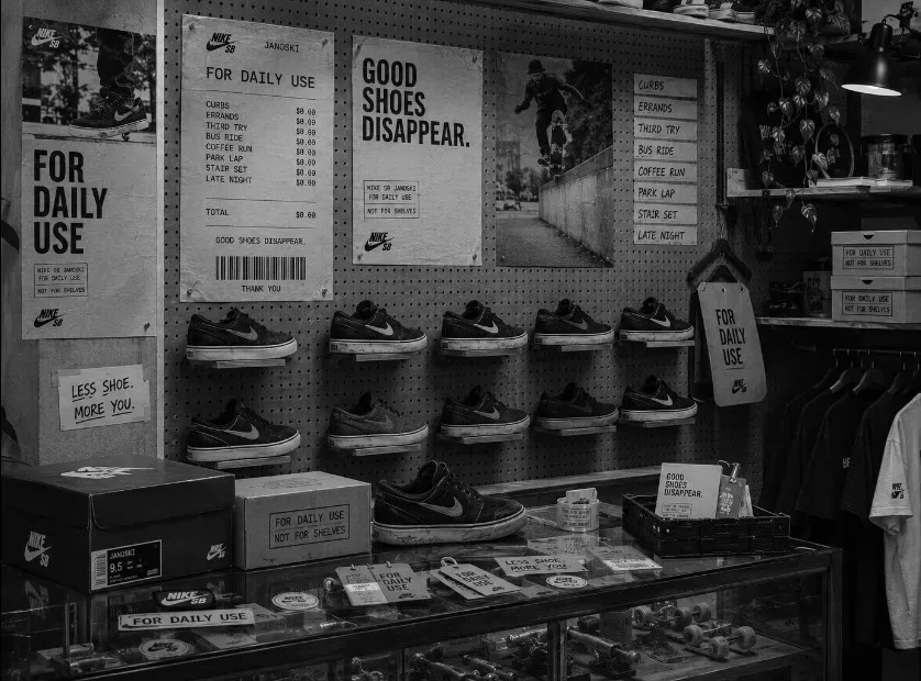For Daily Use — Nike SB Janoski For Daily Use skate shop display with shoes and campaign posters