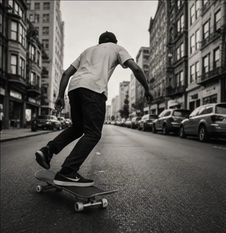 For Daily Use — Skateboarder riding down a city street in Nike SB shoes