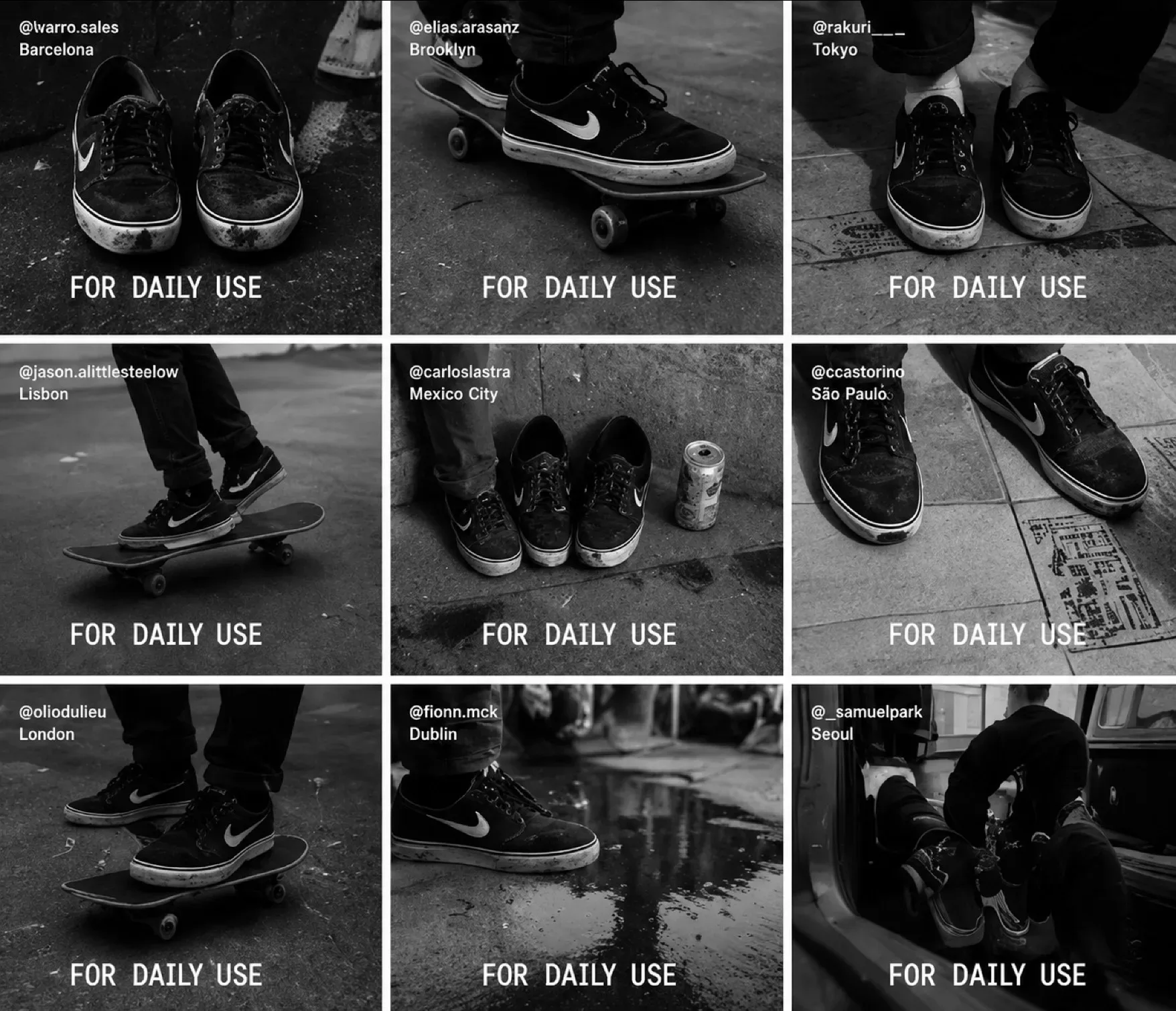 For Daily Use — Nine social posts showing worn Nike SB Janoski shoes around the world