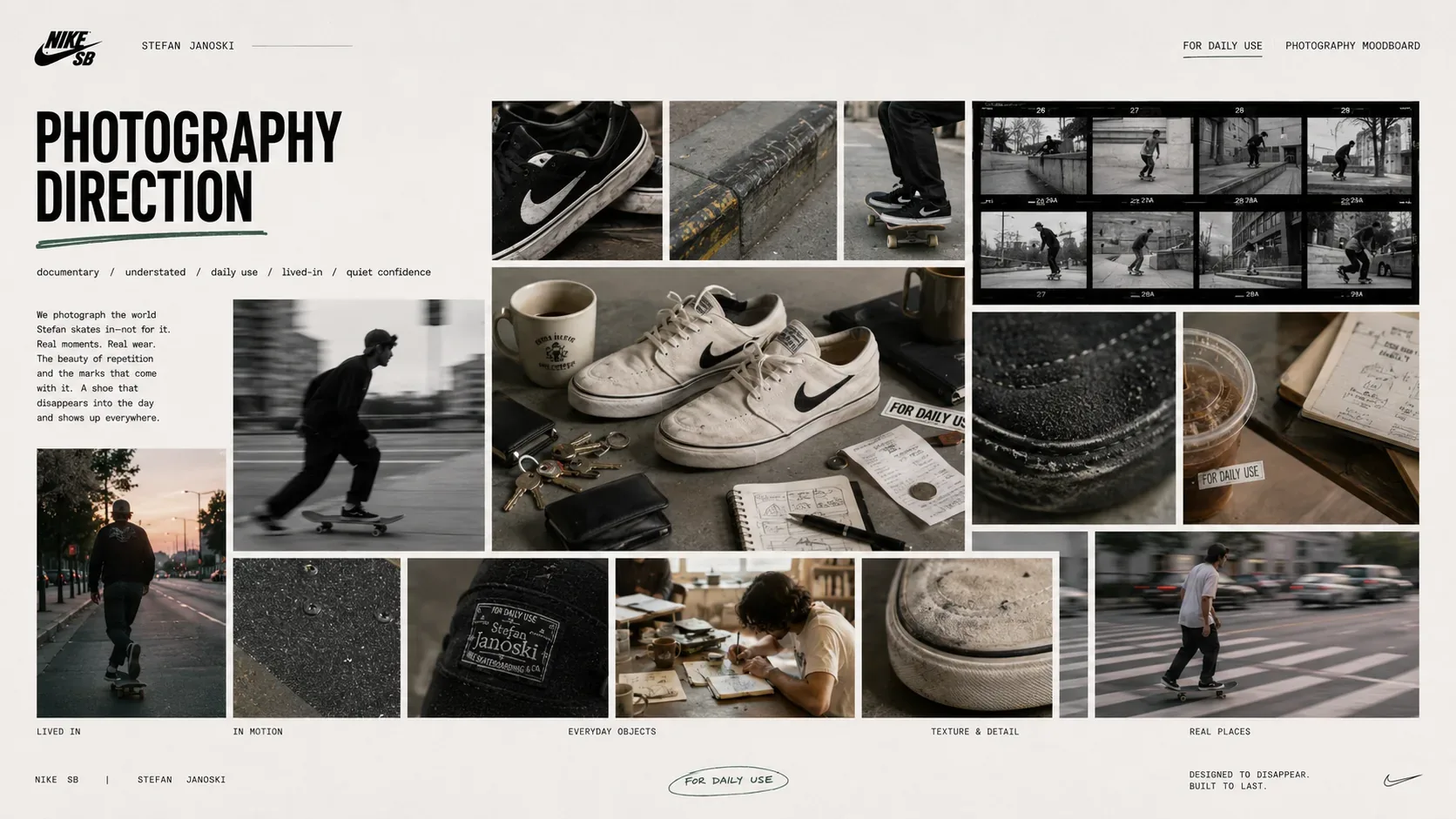 For Daily Use — Nike SB For Daily Use photography direction board with everyday product moments