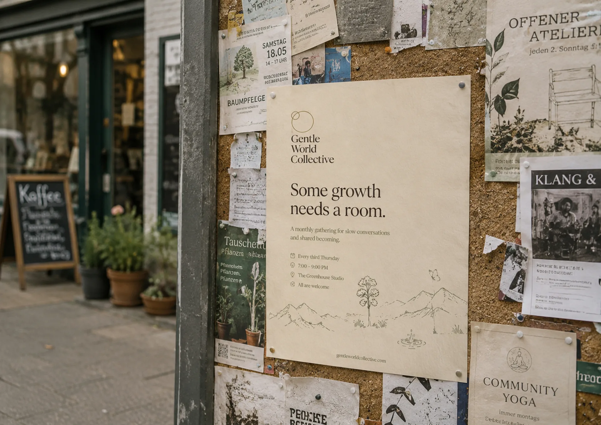 Gentle World Collective — Gentle World Collective community poster on a neighborhood notice board