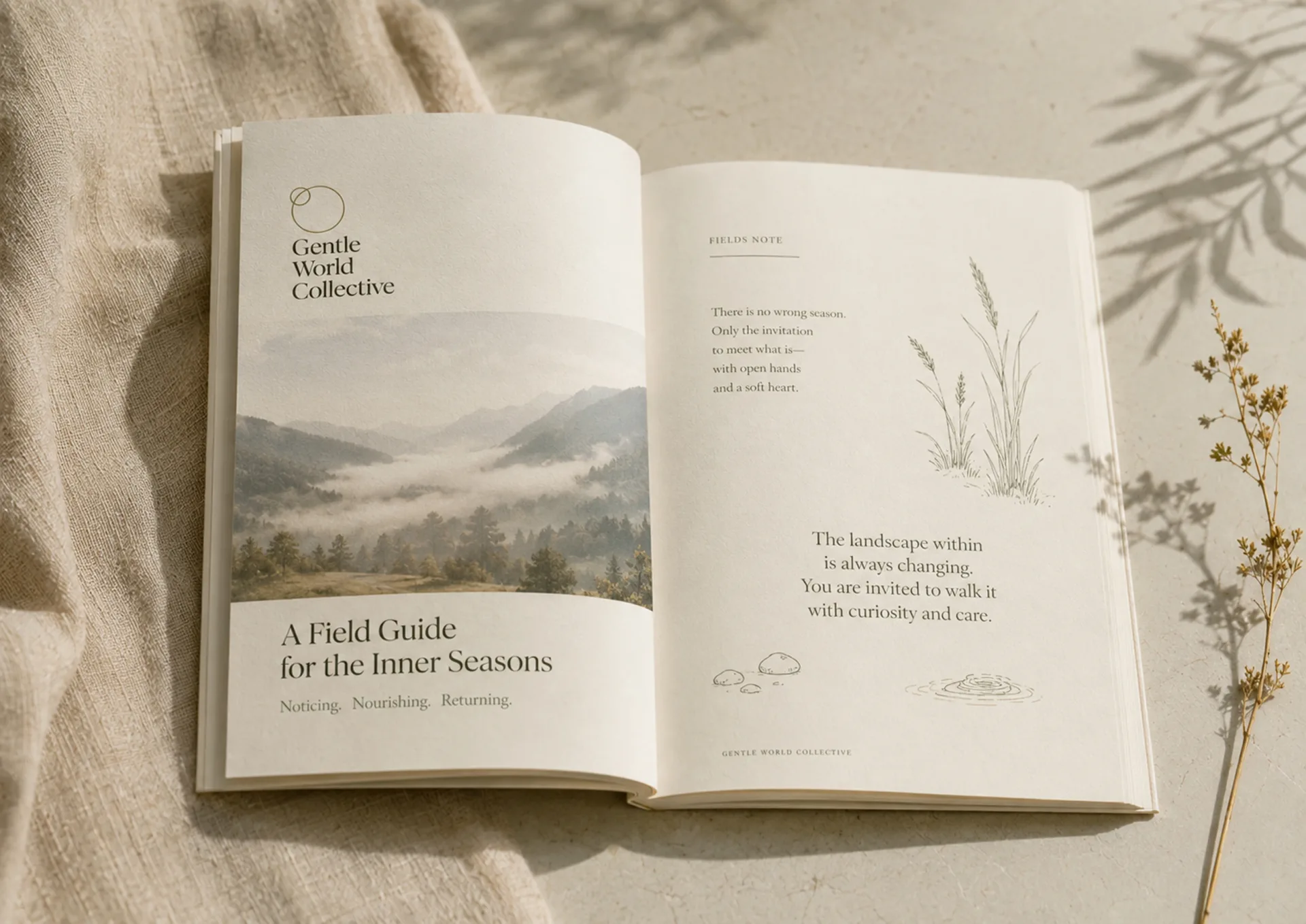 Gentle World Collective — Gentle World Collective open field guide with landscape imagery, botanical marks, and reflective writing