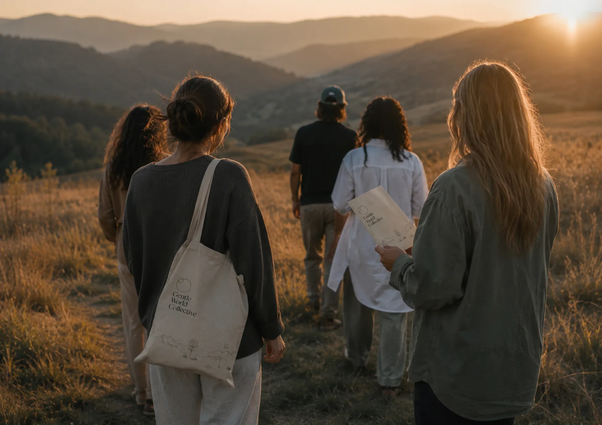 Gentle World Collective — Gentle World Collective hillside walk with three people carrying a branded tote at sunset