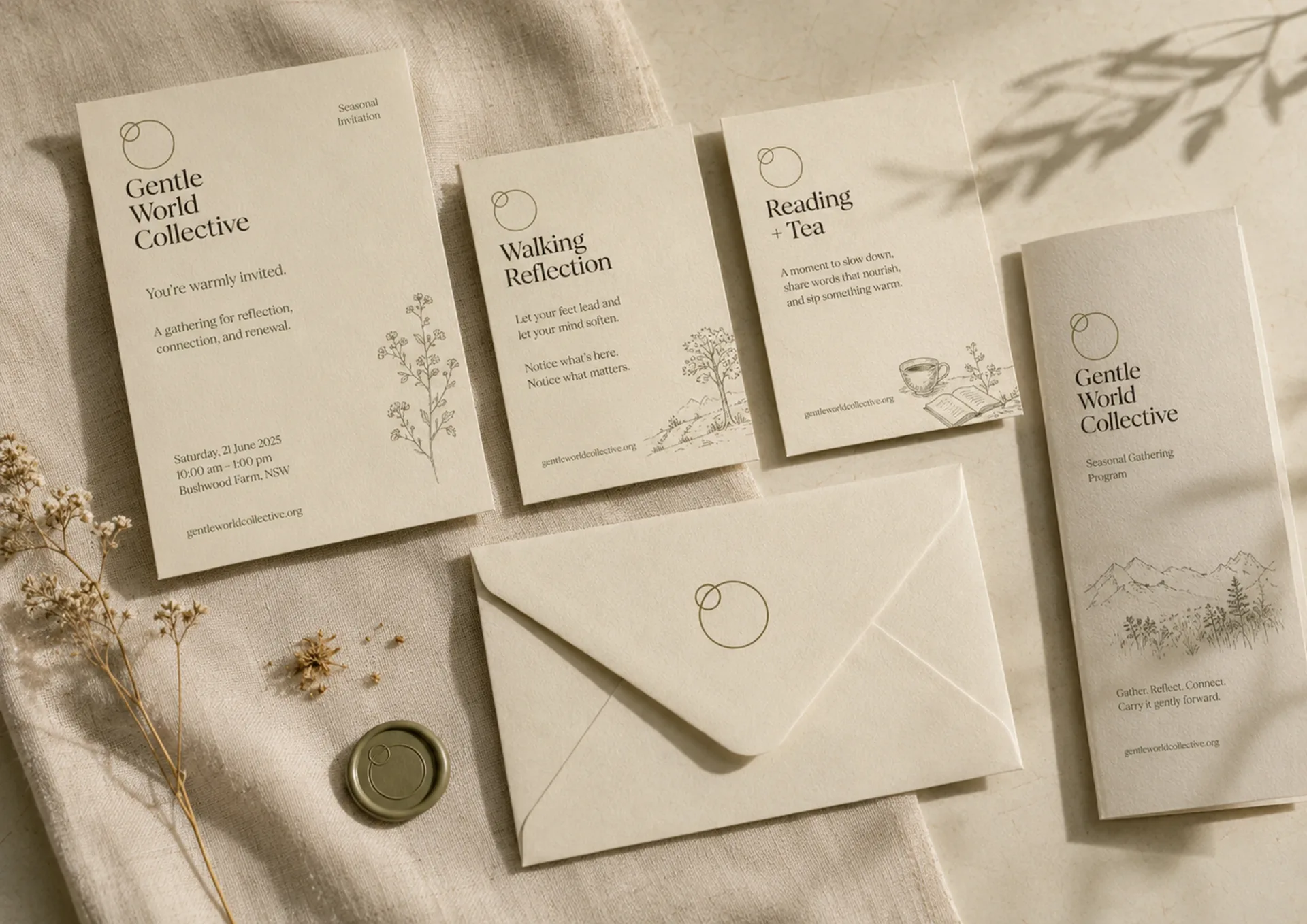Gentle World Collective — Gentle World Collective stationery system with printed cards, envelope, coin, and takeaway pieces