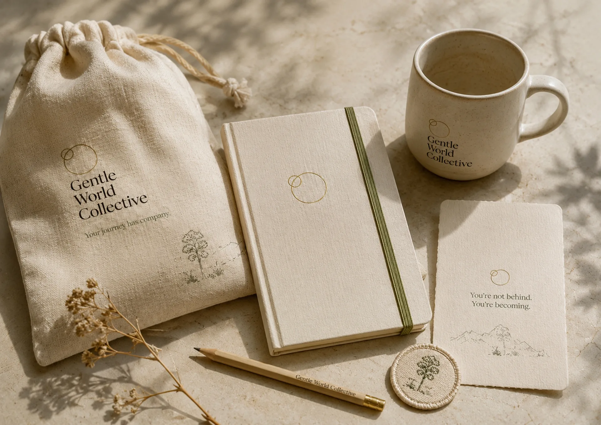 Gentle World Collective — Gentle World Collective welcome object kit with drawstring bag, notebook, pencil, mug, dried flowers, and printed card