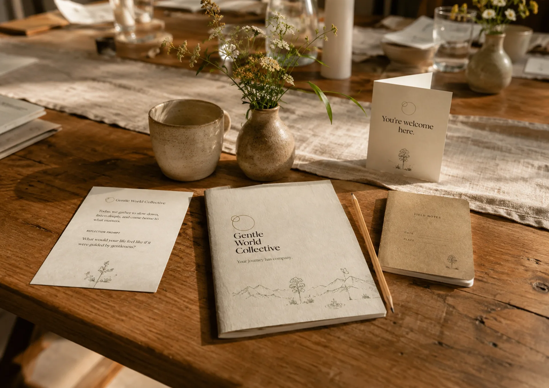Gentle World Collective — Gentle World Collective welcome table with guide, cards, vessels, flowers, and place materials