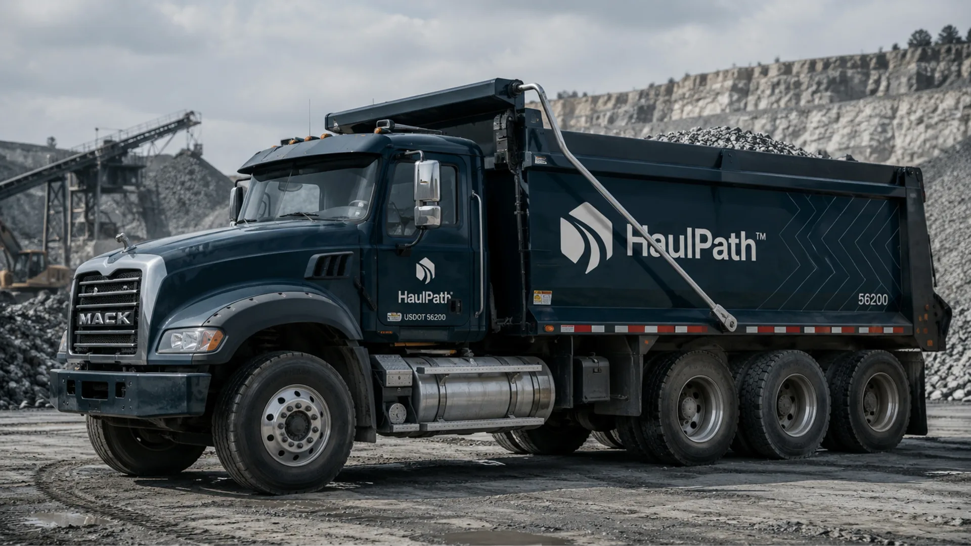 HaulPath — HaulPath branded dump truck in a quarry yard with the fleet mark and load ID on the truck side
