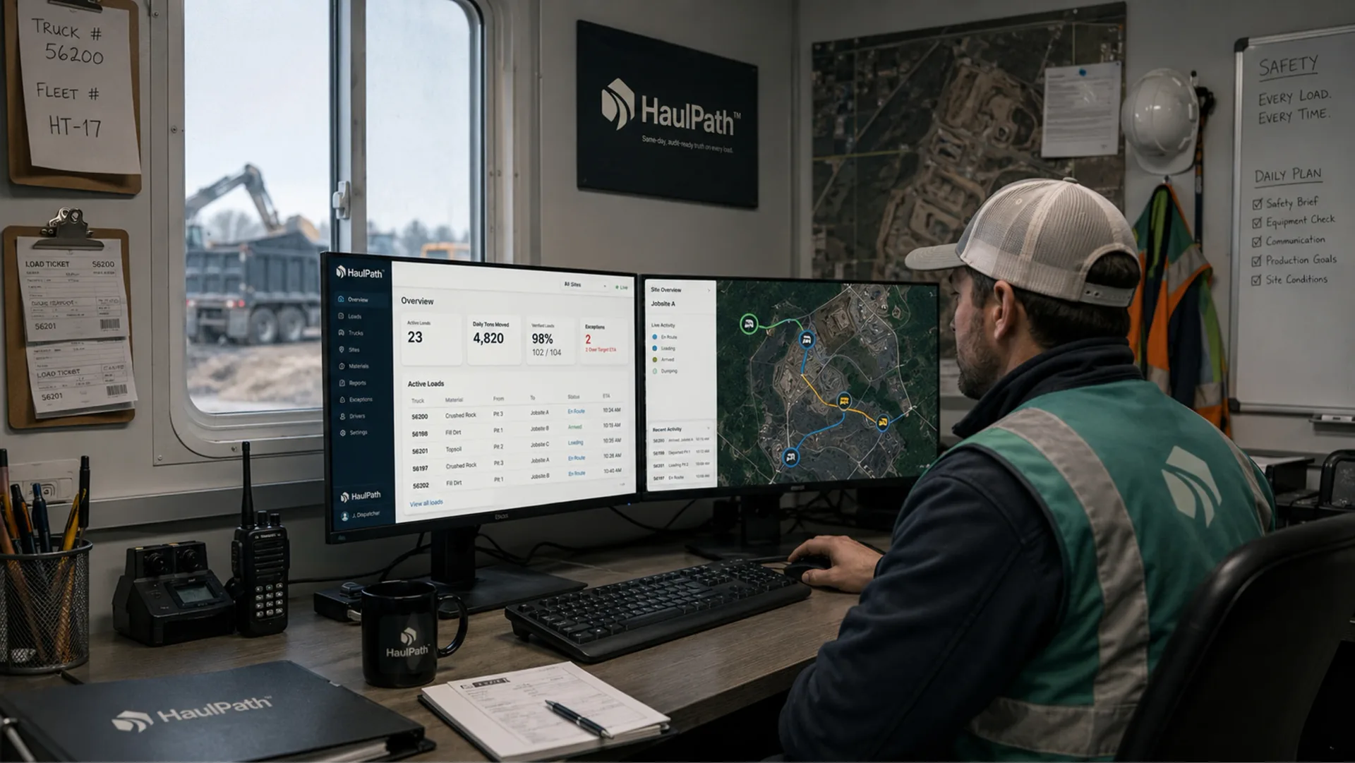 HaulPath — HaulPath dispatch command center with operator, desktop dashboard, map view, hard hat, paperwork, and quarry office