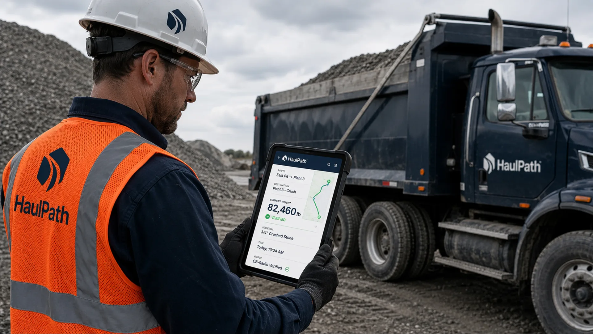 HaulPath — HaulPath field verification with worker holding tablet beside branded dump truck and aggregate piles