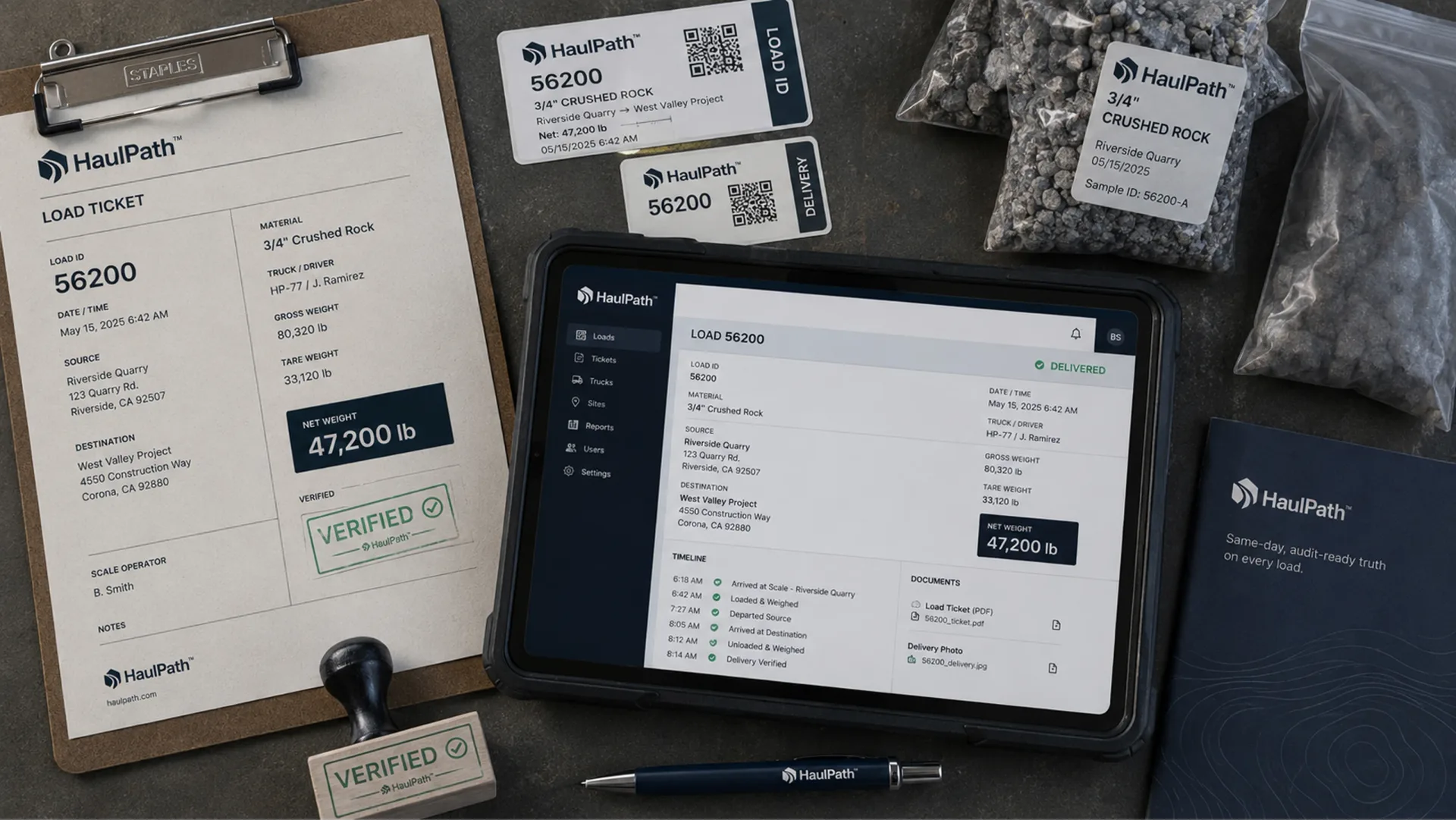 HaulPath — HaulPath load ticket system with printed tickets, QR labels, material samples, tablet, stamp, and field notebook