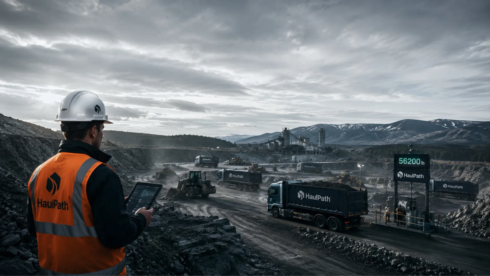 HaulPath — HaulPath quarry operations view with worker, tablet, truck, scale readout, and stormy aggregate site