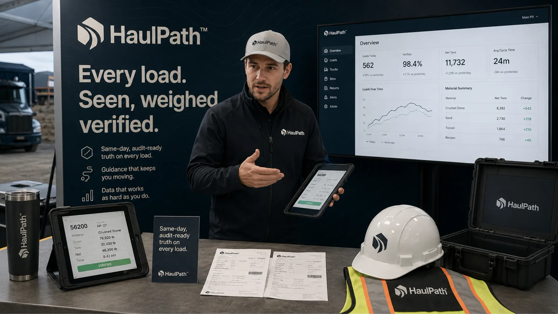 HaulPath — HaulPath sales demo kit with presenter, dashboard screen, tablet, branded hard hat, documents, and rugged equipment case