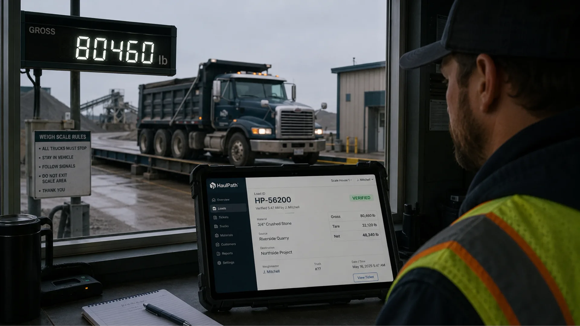 HaulPath — HaulPath scale-house check-in with truck on scale, gross weight display, operator, rugged tablet, and load record