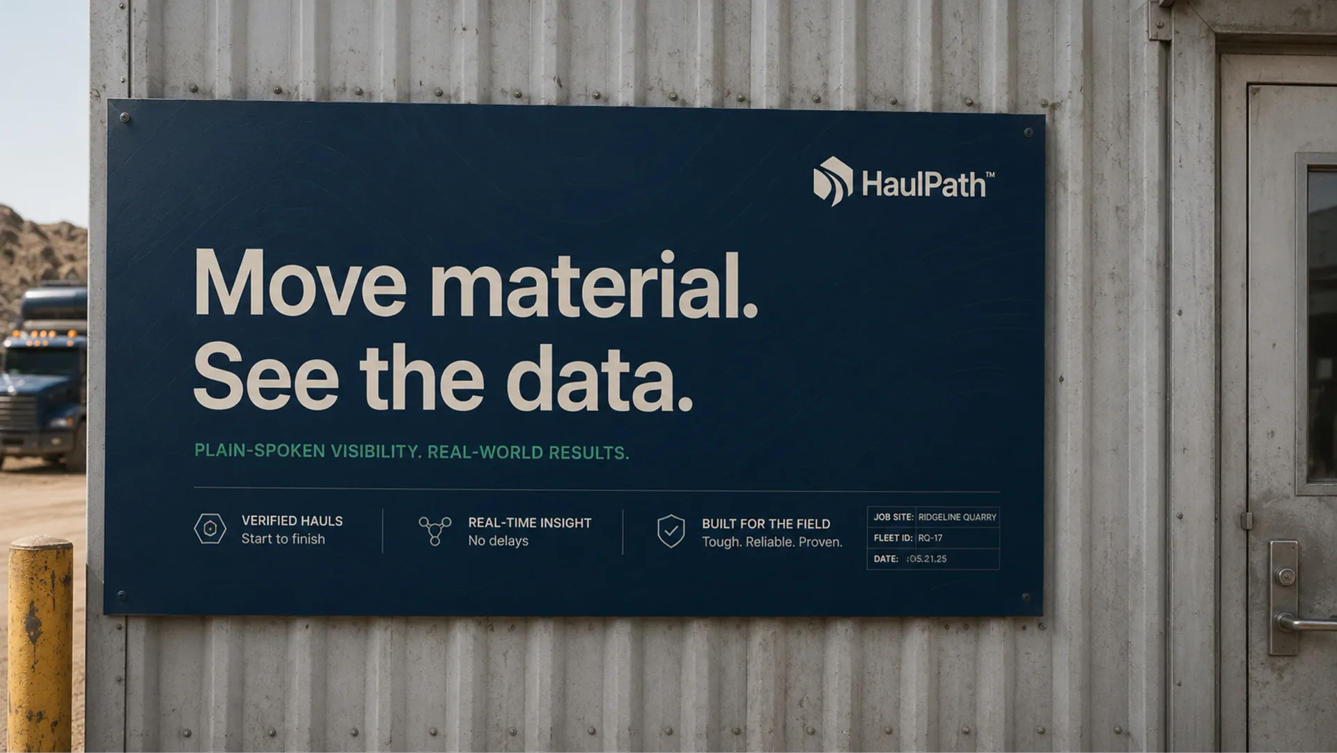 HaulPath — HaulPath yard wall sign reading Move material. See the data. beside a quarry office door