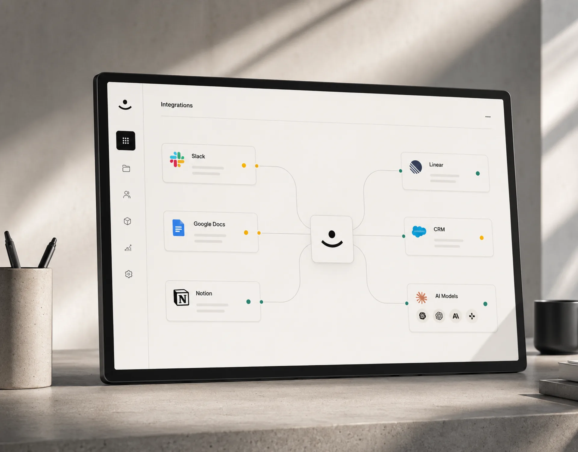 HumanDeploy — The HumanDeploy app on a tablet — an integrations canvas wiring Slack, Google Docs and Notion through the smile-mark hub out to Linear, CRM and AI models