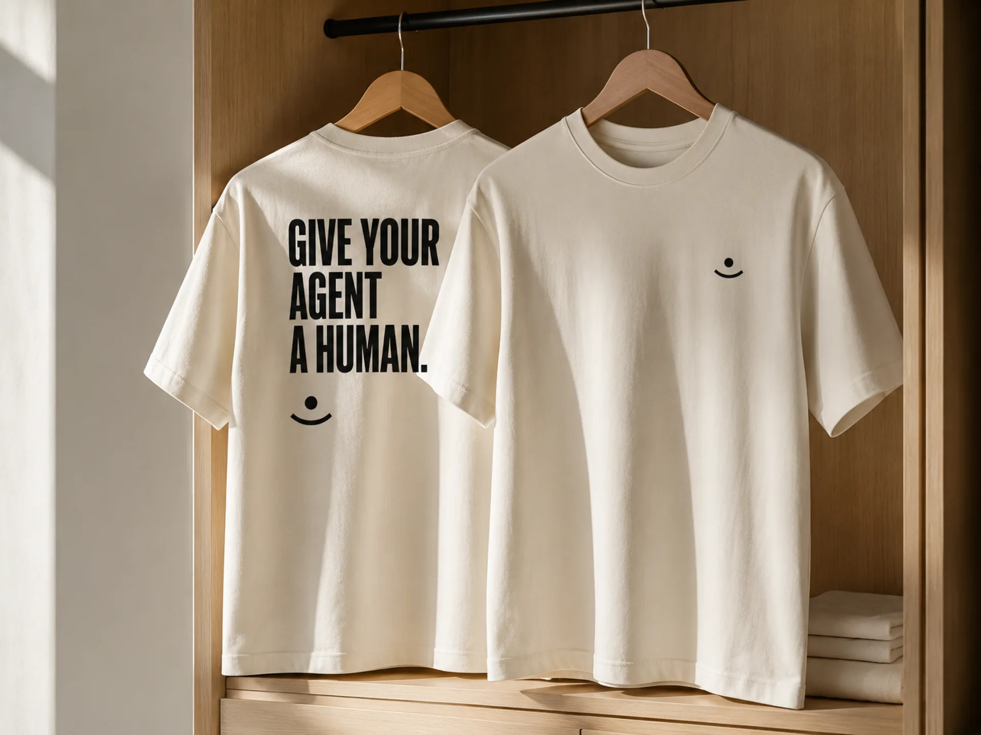 HumanDeploy — Two cream HumanDeploy tees on wooden hangers — one back printed 'GIVE YOUR AGENT A HUMAN.' above the smile mark, the other with a small chest mark