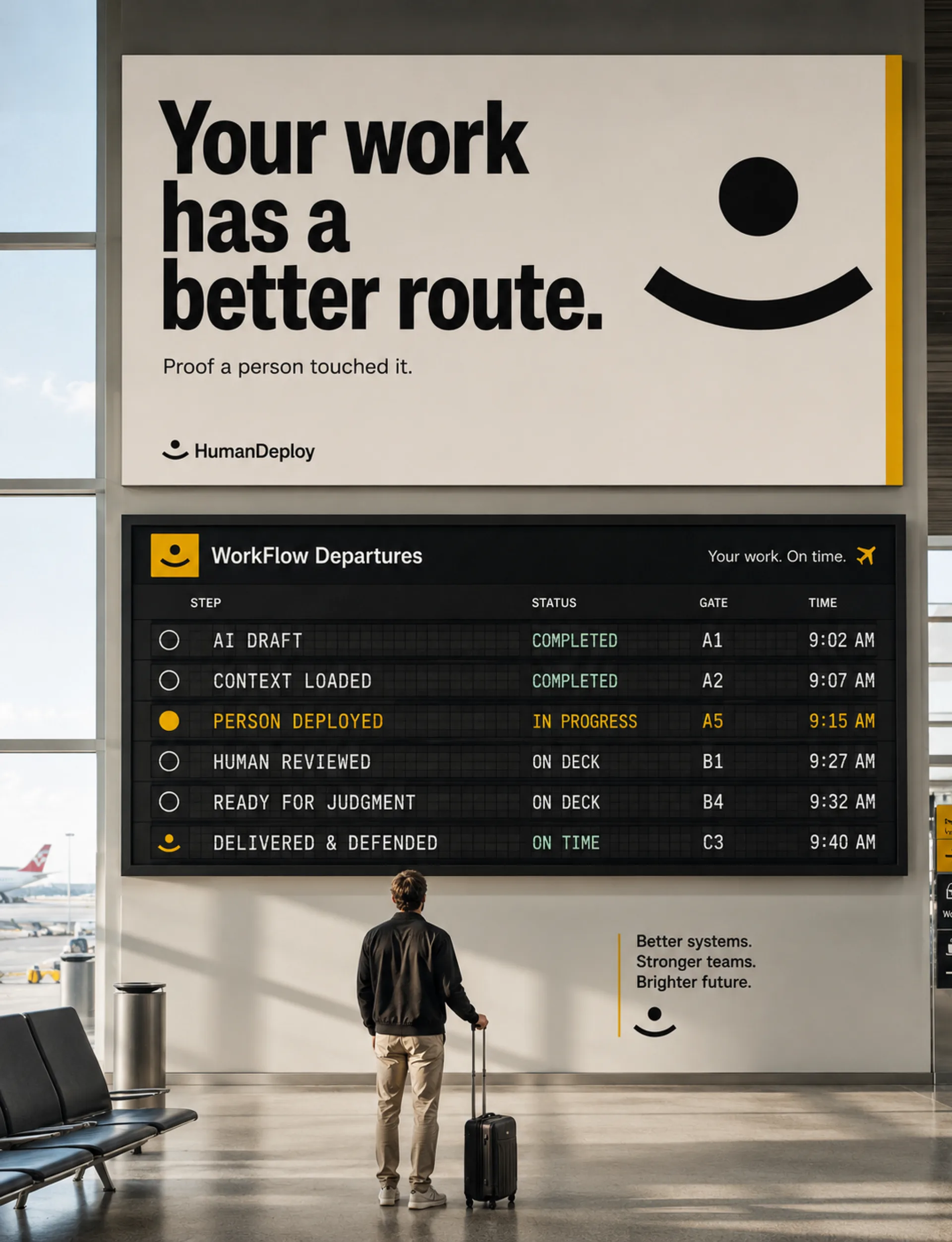 HumanDeploy — An airport gate hall with a HumanDeploy takeover — 'Your work has a better route.' beside a 'WorkFlow Departures' board tracking AI draft to delivered, as a traveler waits