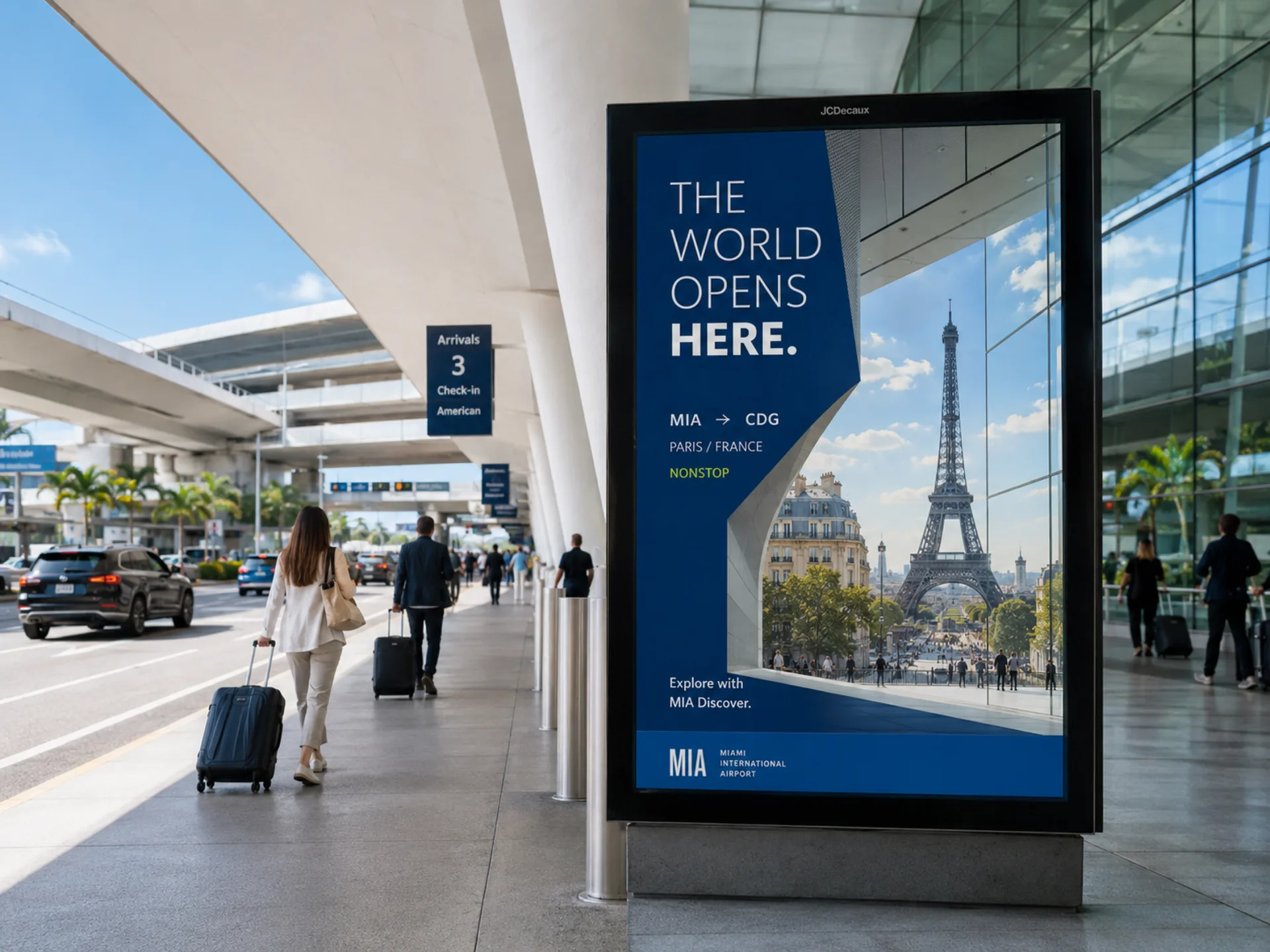 Opens Here — The World Opens Here totem on the arrivals curb