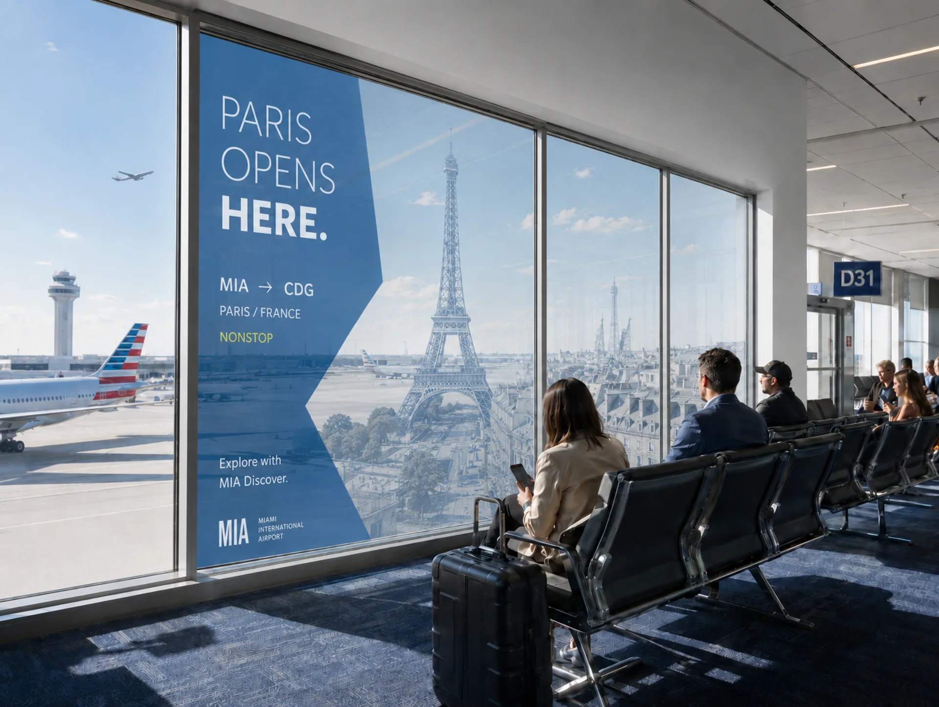 Opens Here — Paris Opens Here window graphic at the gate, looking out to the airfield