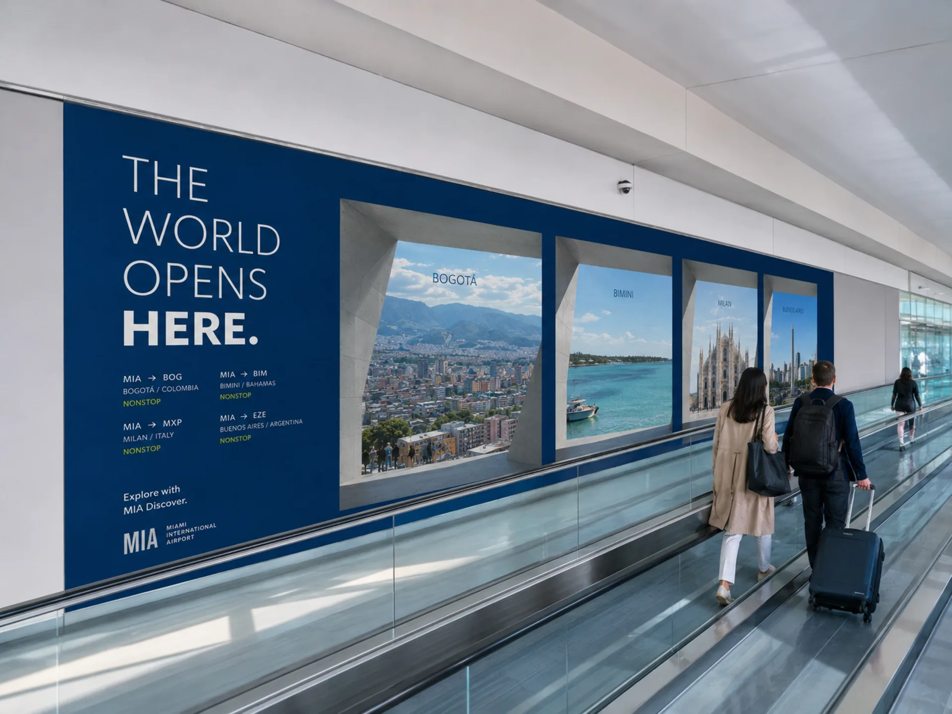 Opens Here — The World Opens Here mural with destination windows along the moving walkway