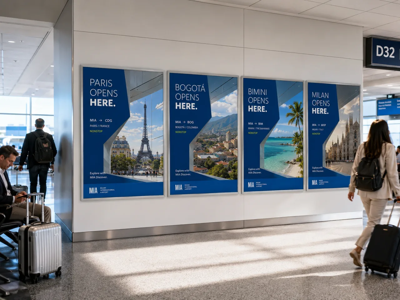 Opens Here — Paris, Bogotá, Bimini, and Milan posters along the gate corridor