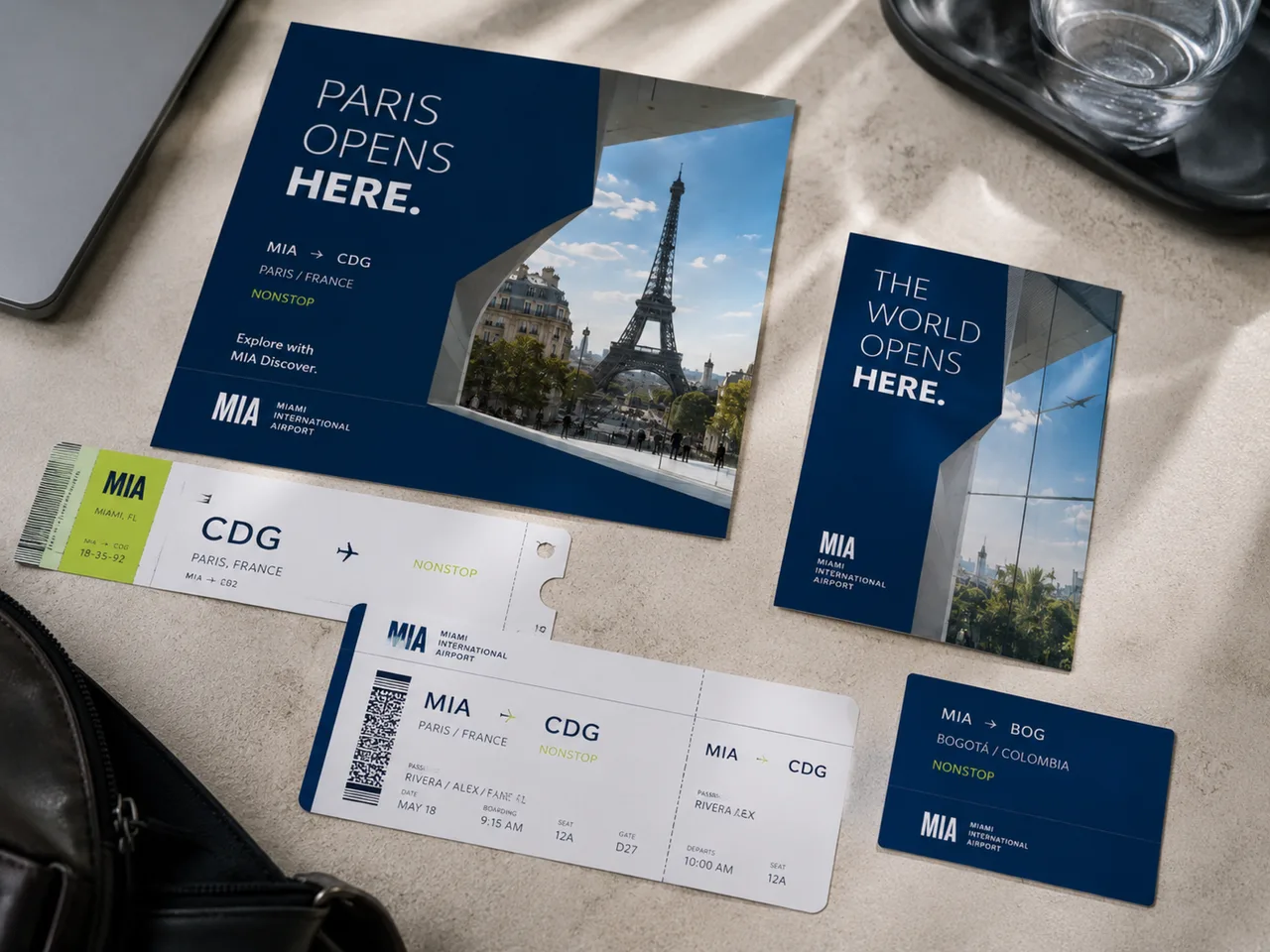 Opens Here — Boarding passes, luggage tag, and destination prints from the travel kit