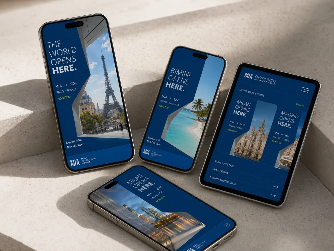 Opens Here — Opens Here social stories and the MIA Discover app across phones and tablet