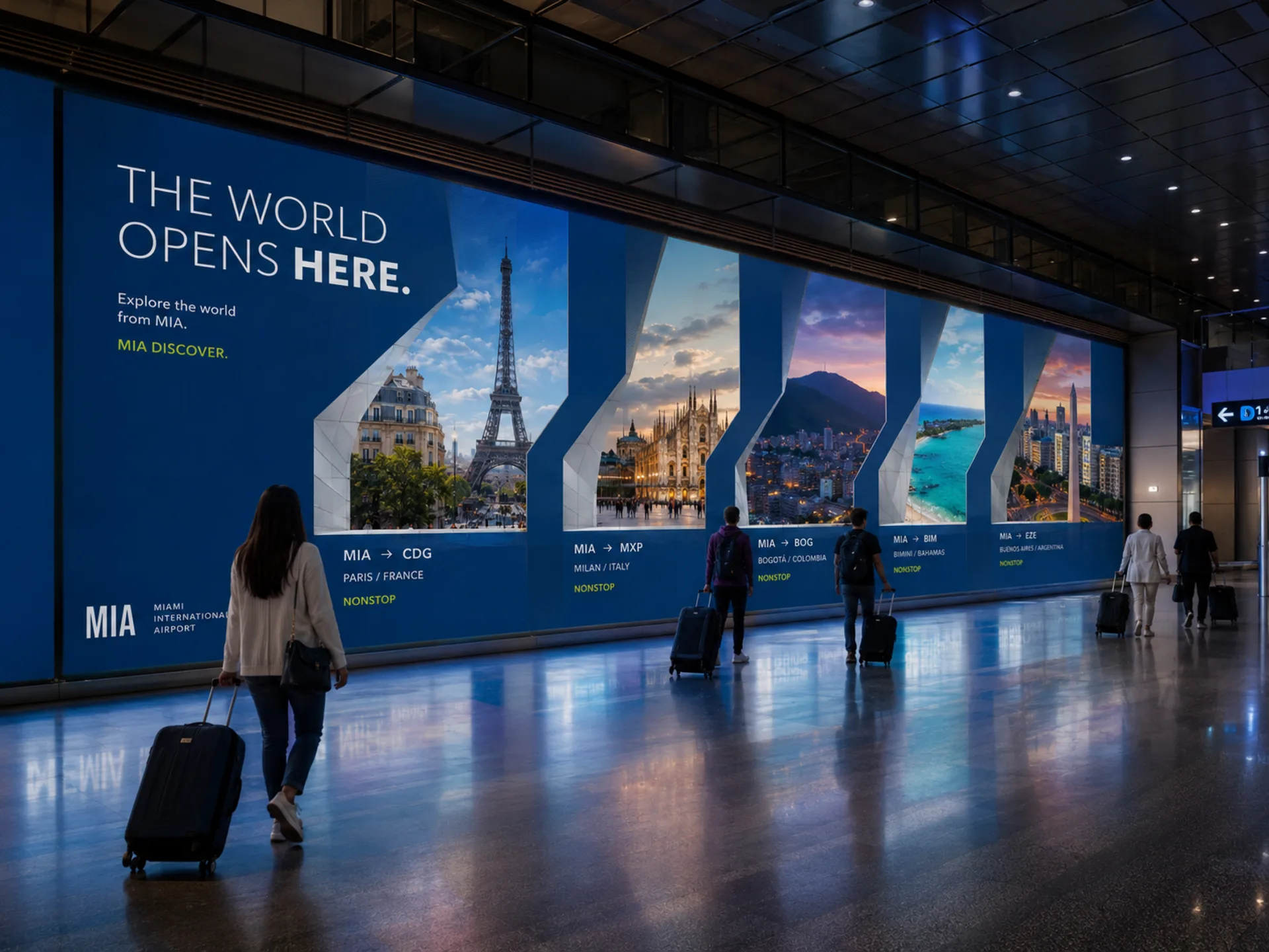 Opens Here — Five destination windows glowing across the night concourse wall