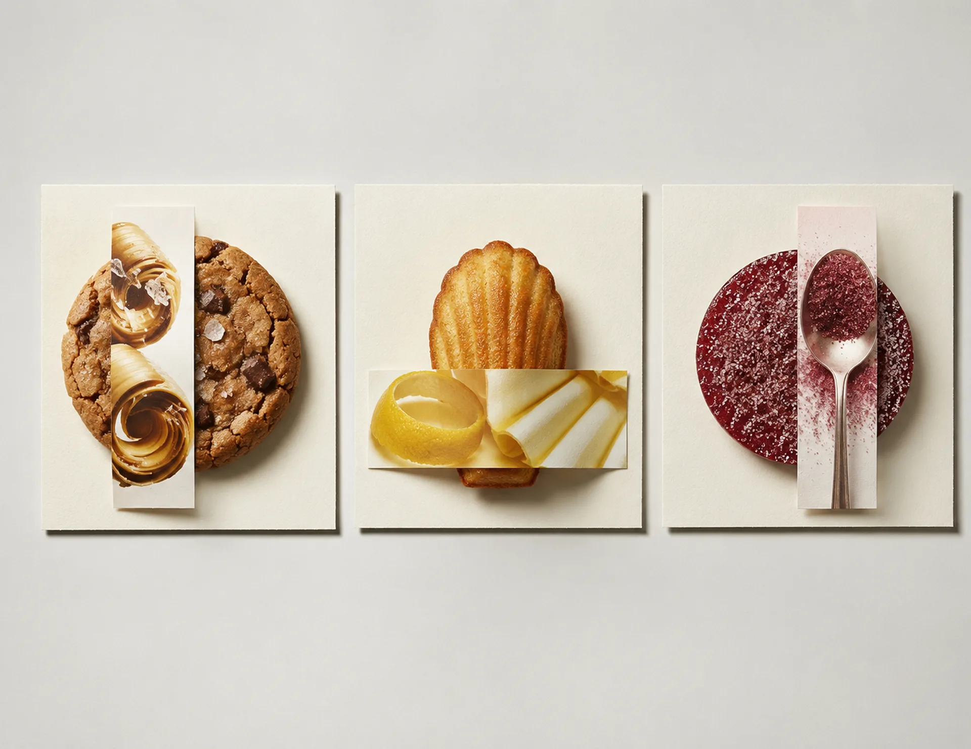 SALTAIRE — A campaign-style triptych of the house cookie, shell madeleine, and fruit jelly treated as sculptural objects rather than bakery products