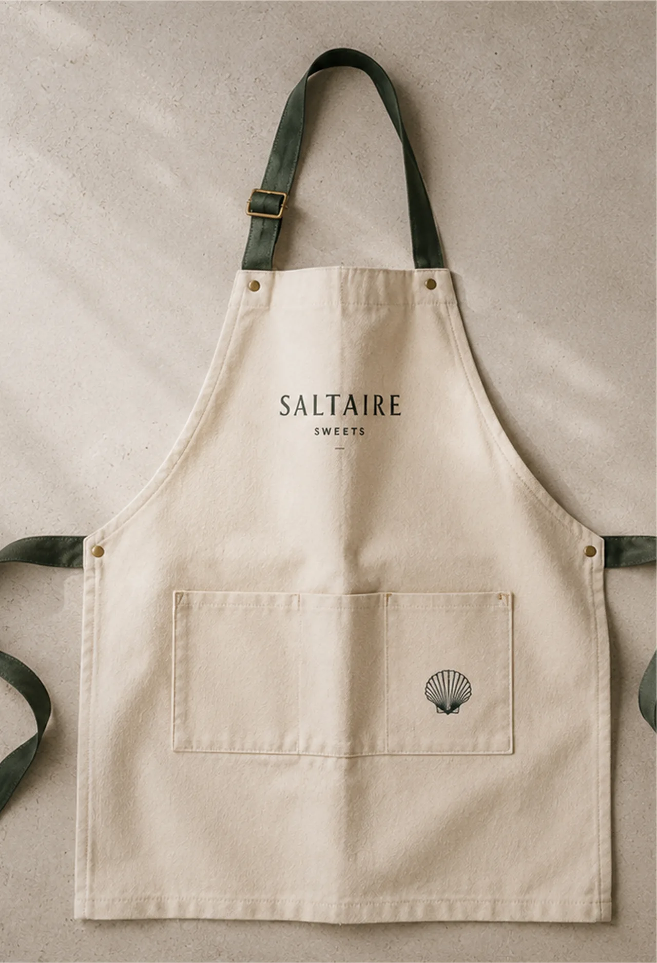 SALTAIRE — A cream SALTAIRE shop apron with dark green straps, brass hardware, wordmark embroidery, and a shell mark on the pocket