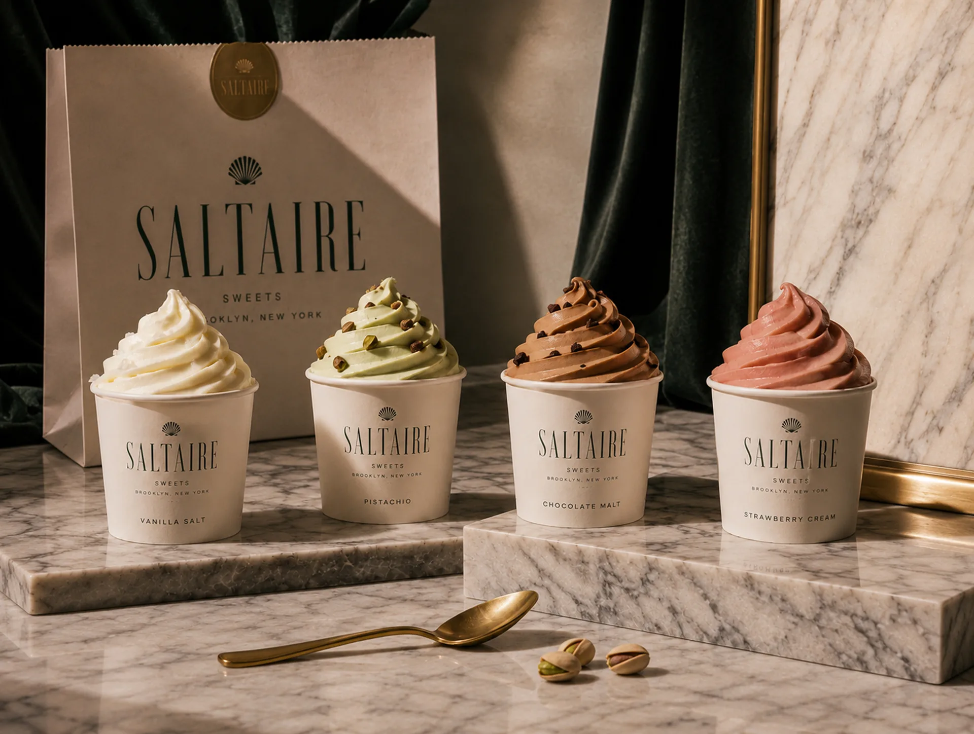 SALTAIRE — Four SALTAIRE cream cups in vanilla, pistachio, chocolate, and strawberry, set on marble with gold spoons and pistachios