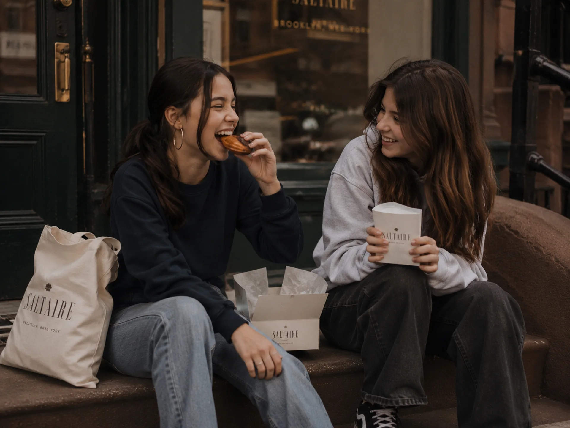 SALTAIRE — Two people sitting outside the SALTAIRE storefront, eating sweets with a tote, coffee cup, and shop bag nearby