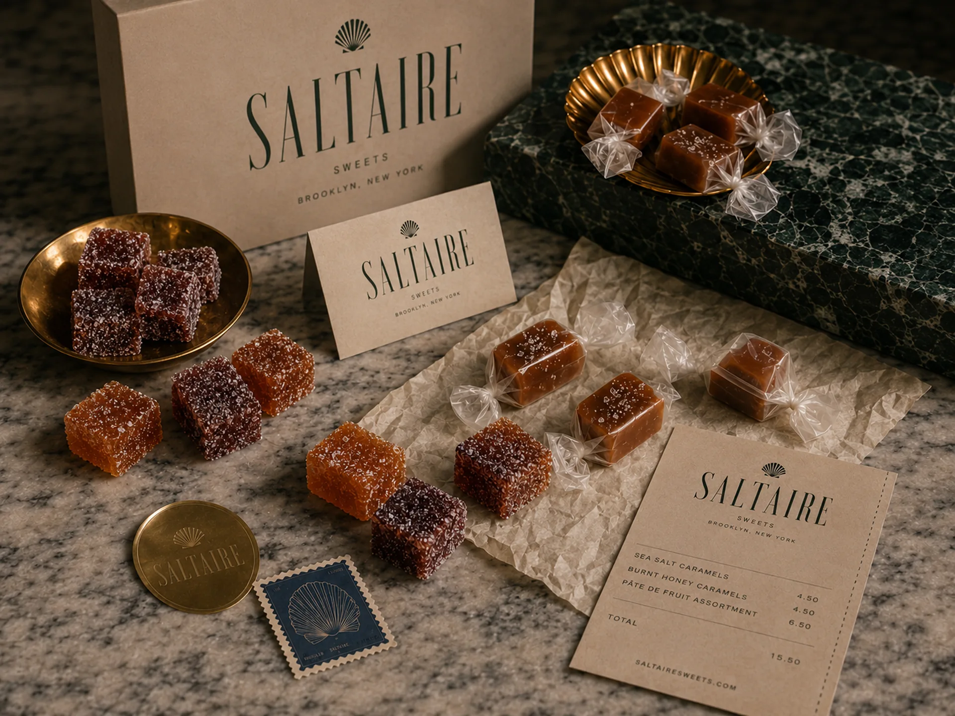 SALTAIRE — Fruit glass jellies arranged with SALTAIRE cards, seals, marble, and a dark green stone dish