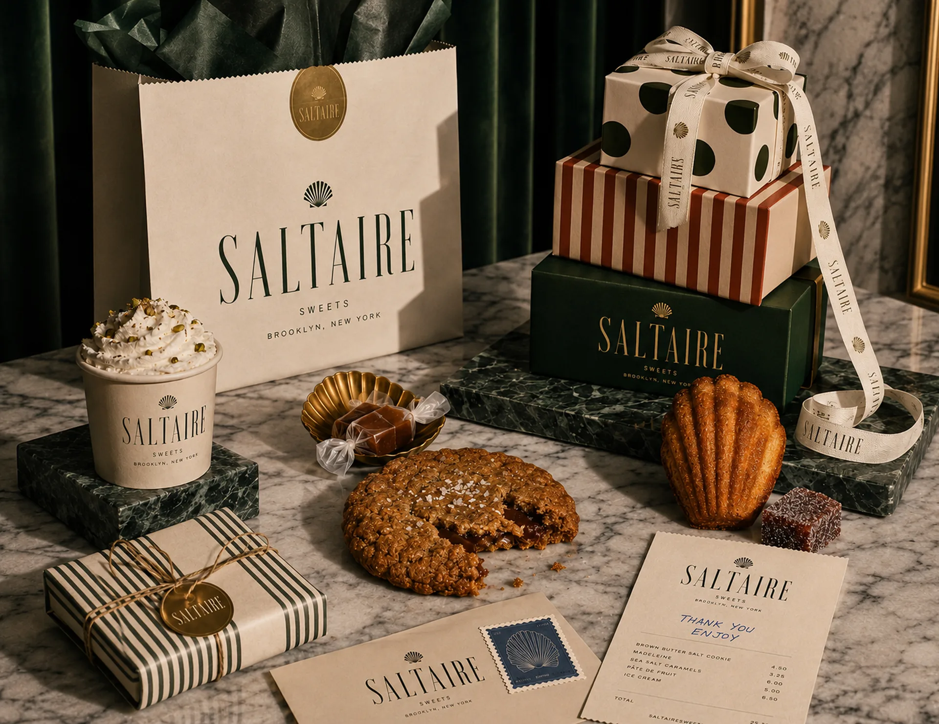 SALTAIRE — A counter still life with SALTAIRE bags, gift boxes, a wrapped tin, shell madeleines, a tart, printed cards, and shop ephemera