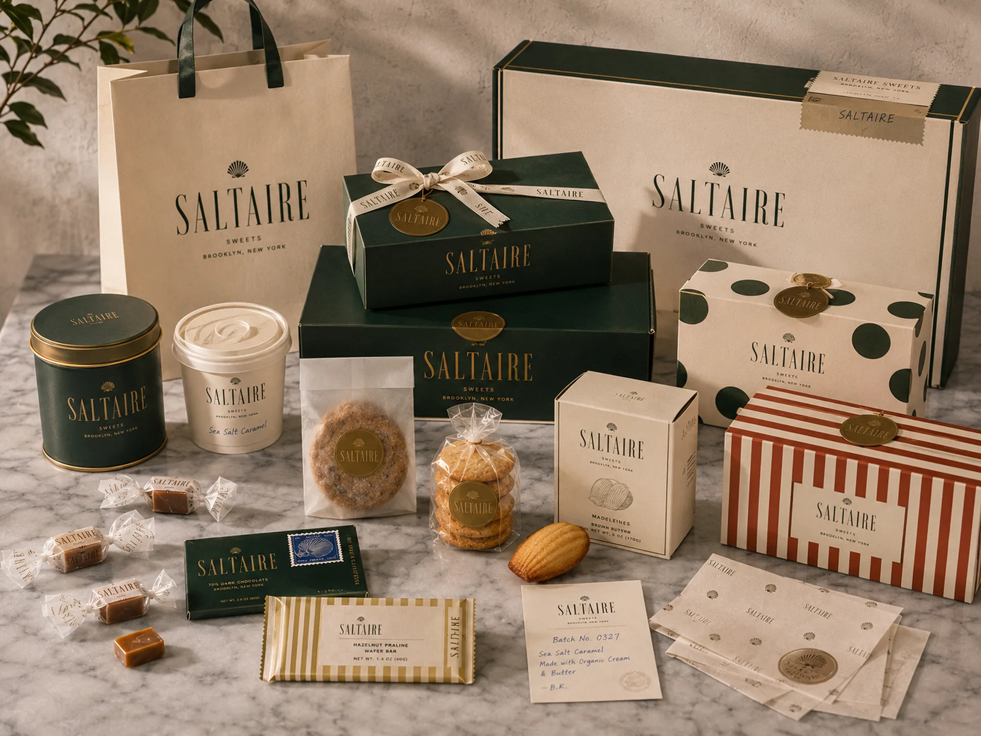 SALTAIRE — A full SALTAIRE packaging lineup showing boxes, tins, sleeves, cups, bags, ribbons, receipts, stickers, seals, and gift packaging as one complete visual language