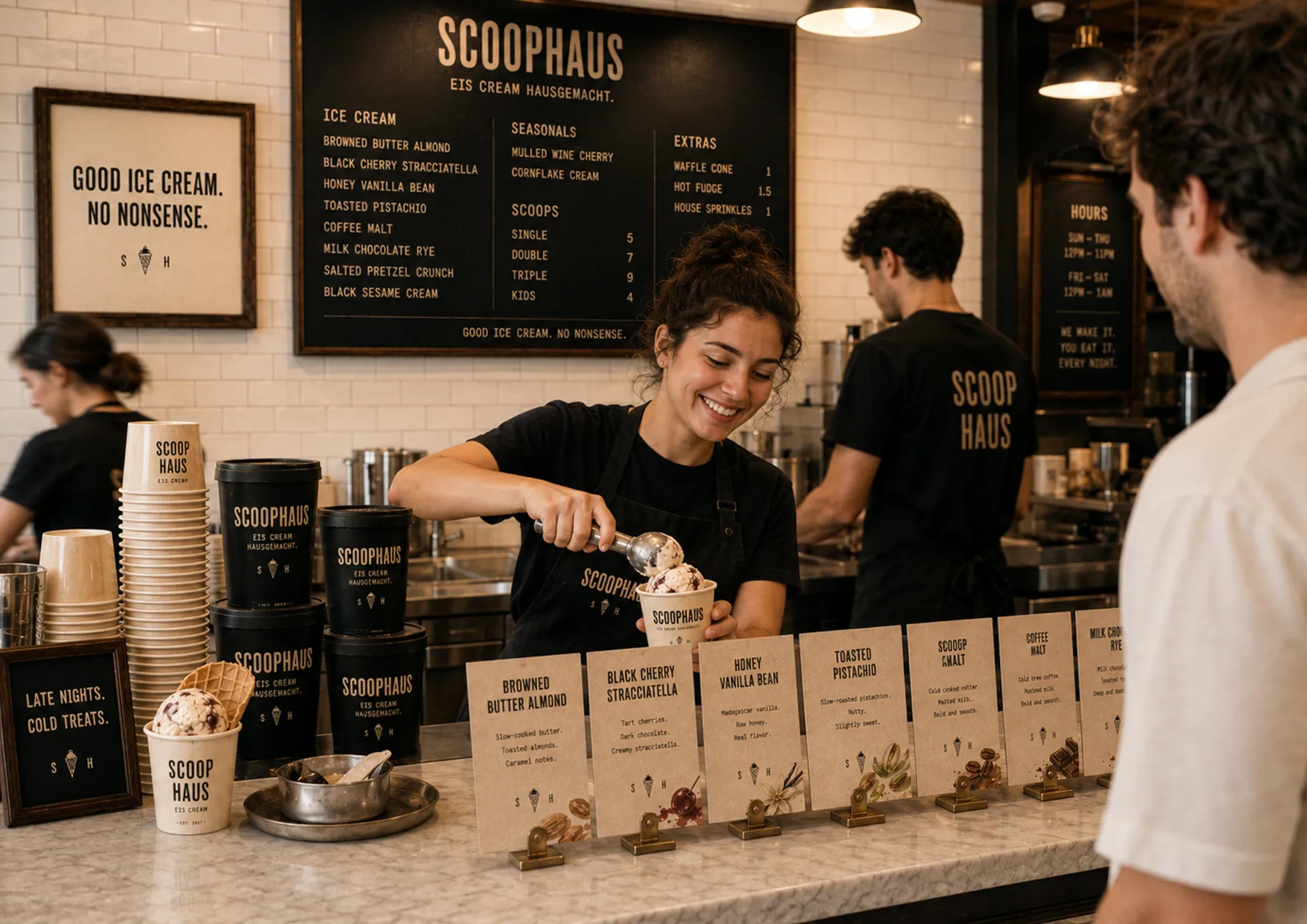 Scoophaus — Scoophaus counter service moment with staff scooping ice cream in front of menu boards and flavor cards
