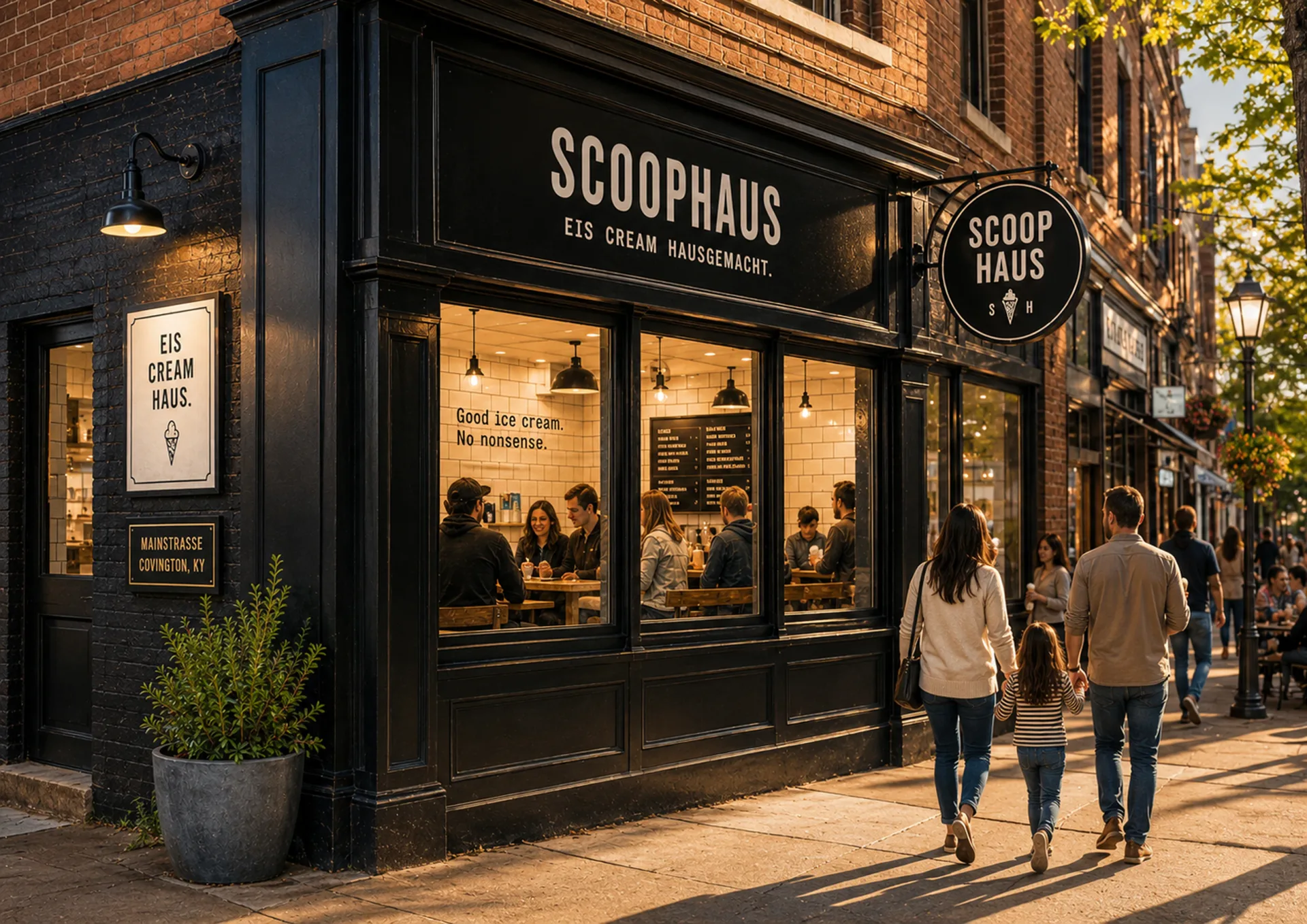 Scoophaus — Scoophaus daytime storefront with black facade, posters, and pedestrians outside the ice cream shop