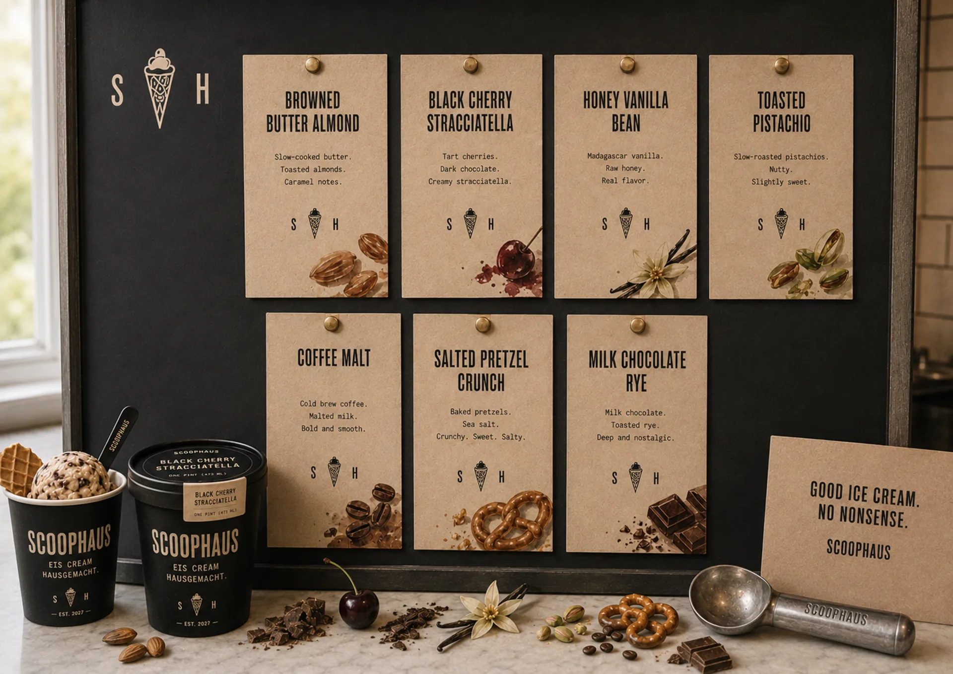 Scoophaus — Scoophaus flavor wall with flavor posters, pints, scoops, and packaging materials