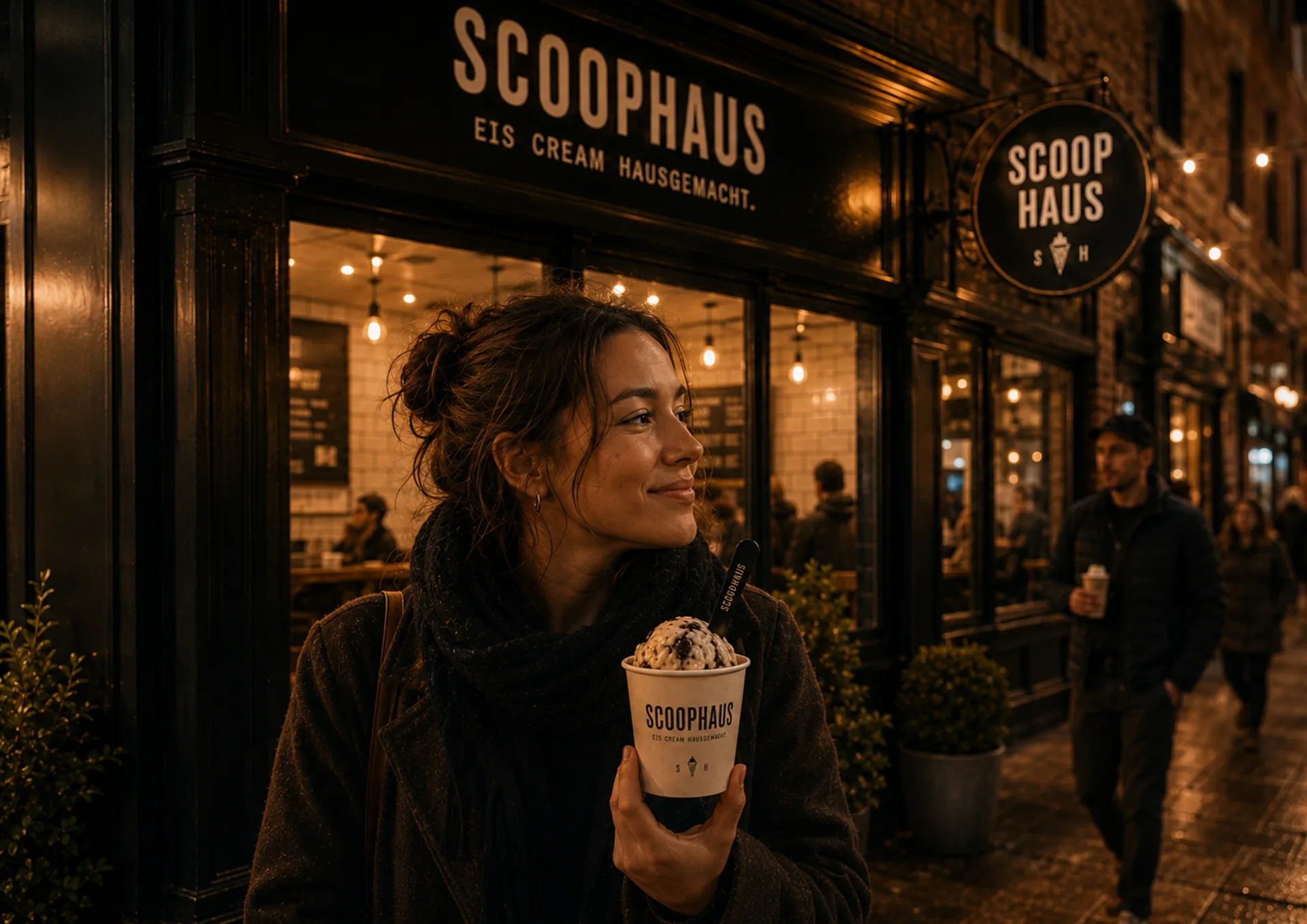 Scoophaus — Scoophaus nighttime storefront with a person holding a branded ice cream cup outside the shop