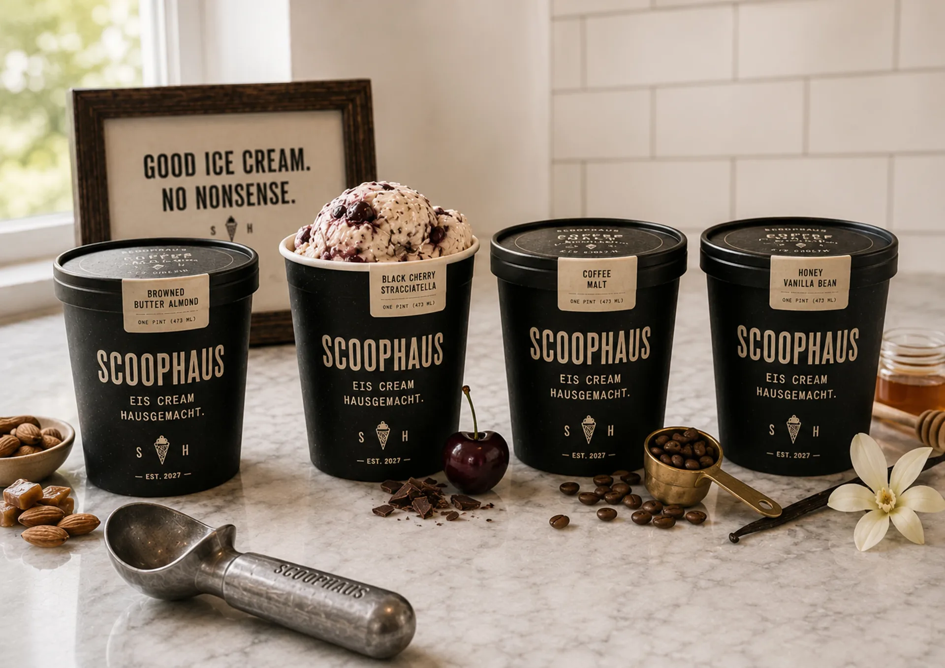 Scoophaus — Scoophaus pint family with multiple black pint containers, ingredients, scoop, and brand packaging