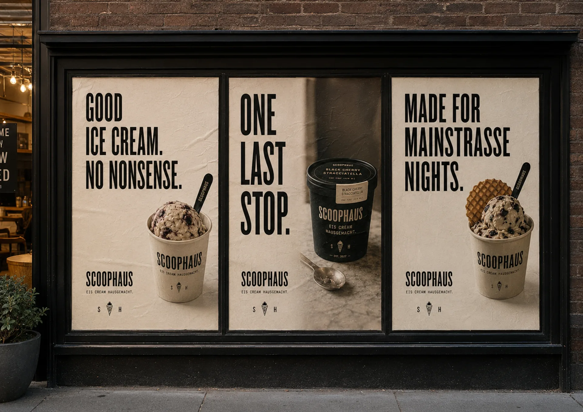 Scoophaus — Scoophaus three-panel poster series with ice cream messages and cup imagery