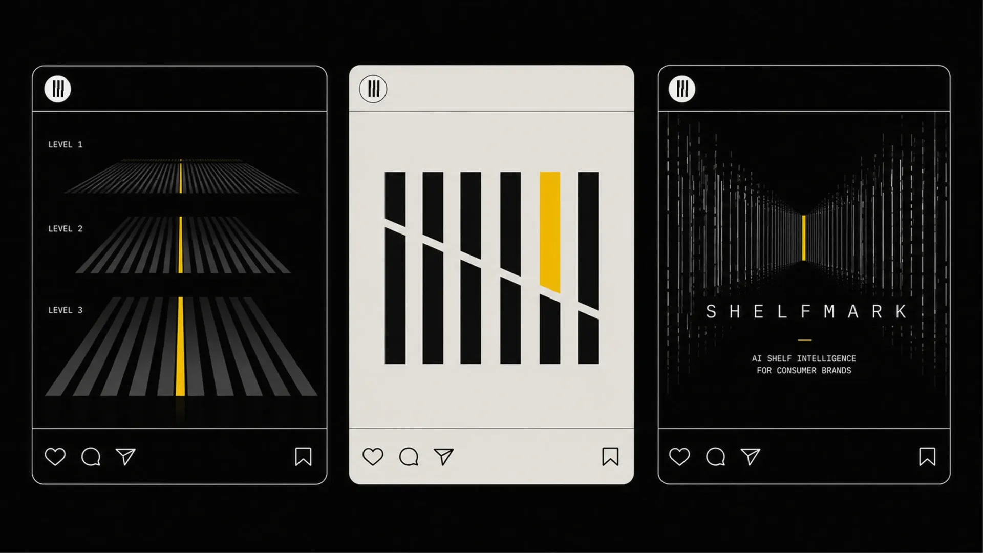 Shelfmark — Three Shelfmark social post designs showing shelf signal graphics, logo marks, and the line AI shelf intelligence for consumer brands